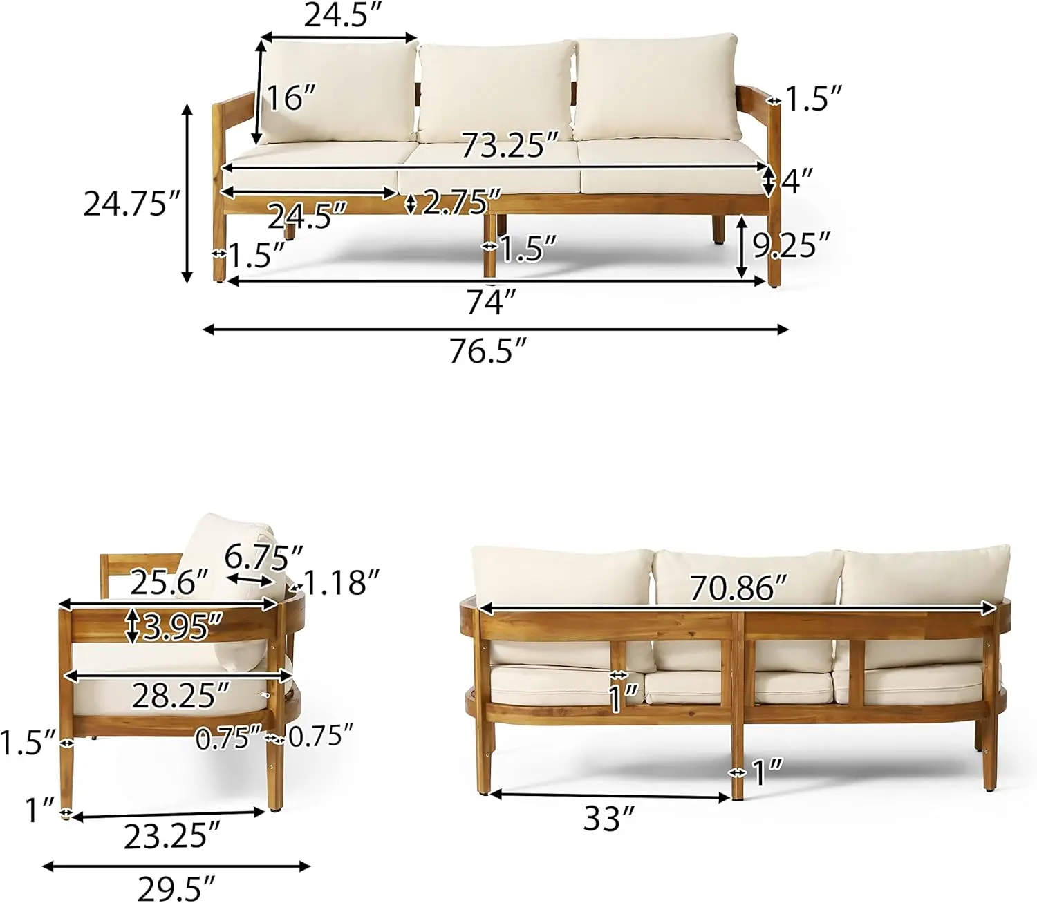 Brooklyn Outdoor 3 Seater Sofa with Cushions - Acacia Wood - Teak/Beige