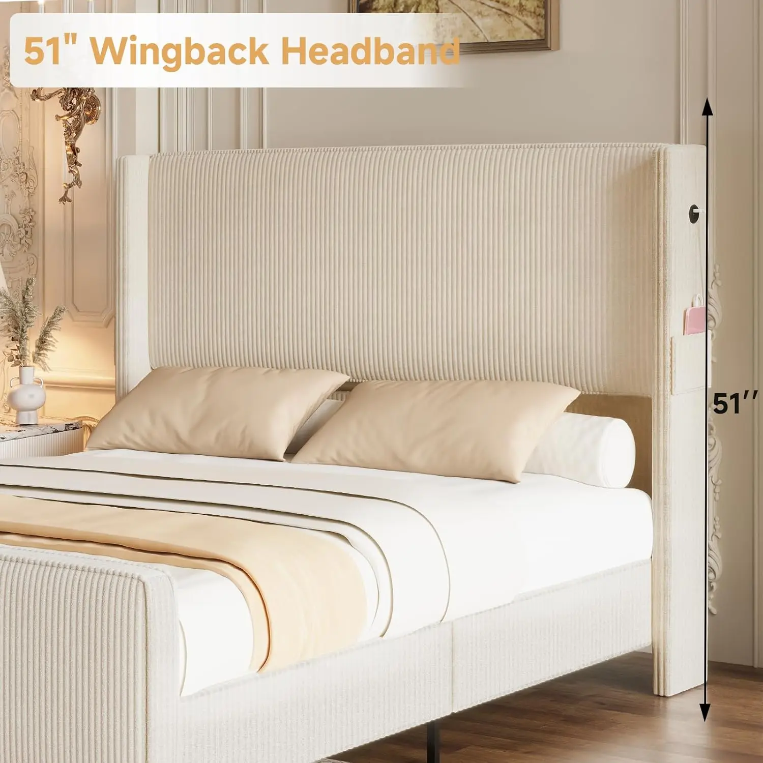 King Size Bed Frame and Headboard, Upholstered King Bed Frame with Tall Wingback Headboard & Footboard, USB Ports