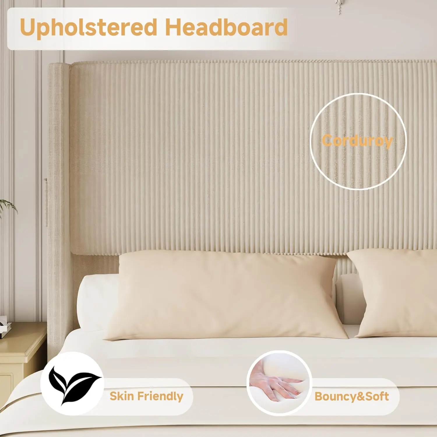 King Size Bed Frame and Headboard, Upholstered King Bed Frame with Tall Wingback Headboard & Footboard, USB Ports