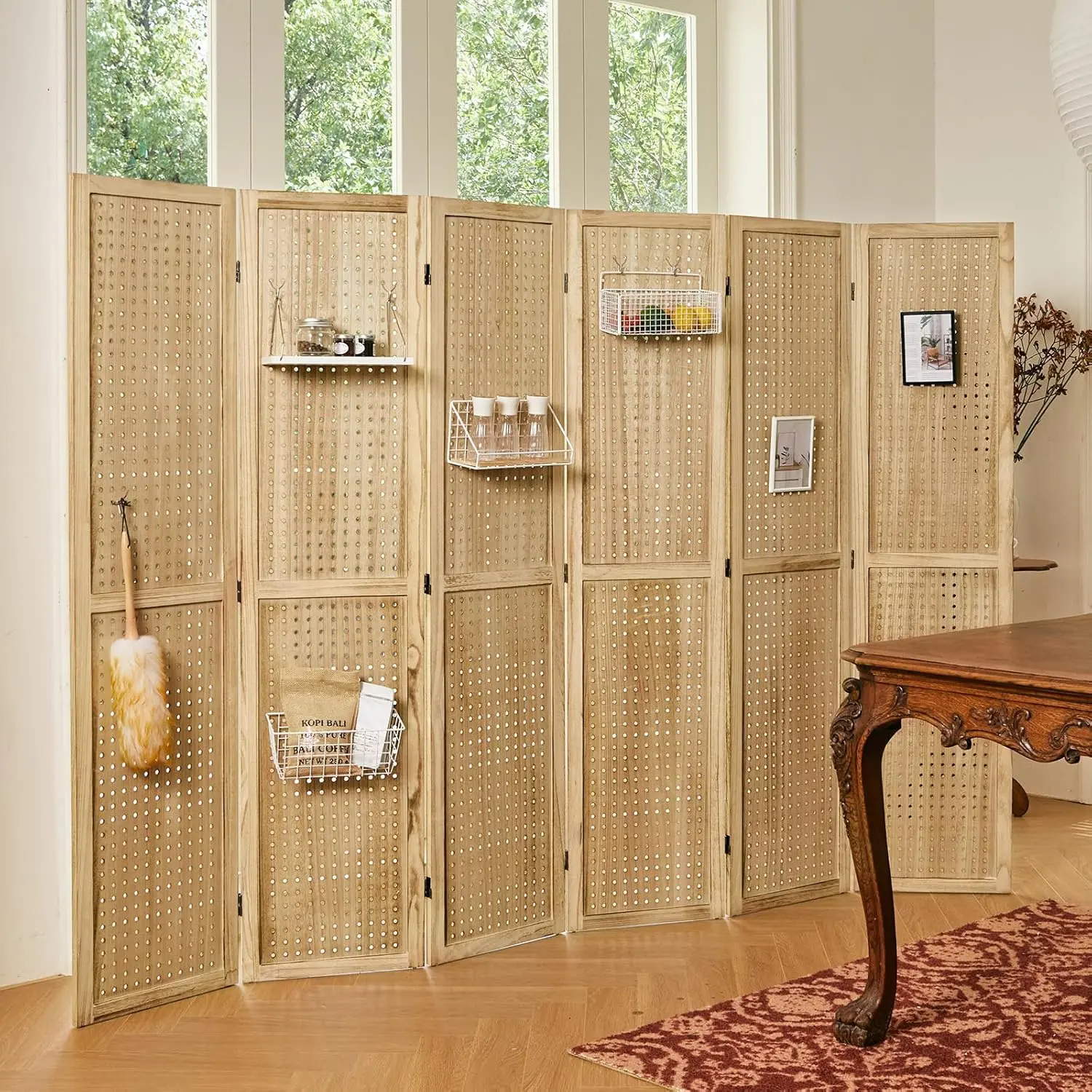 Pegboard Display, 5.6Ft Portable Freestanding Wall Organizer Wooden Room Divider Folding Privacy Screens for Craft Art Display
