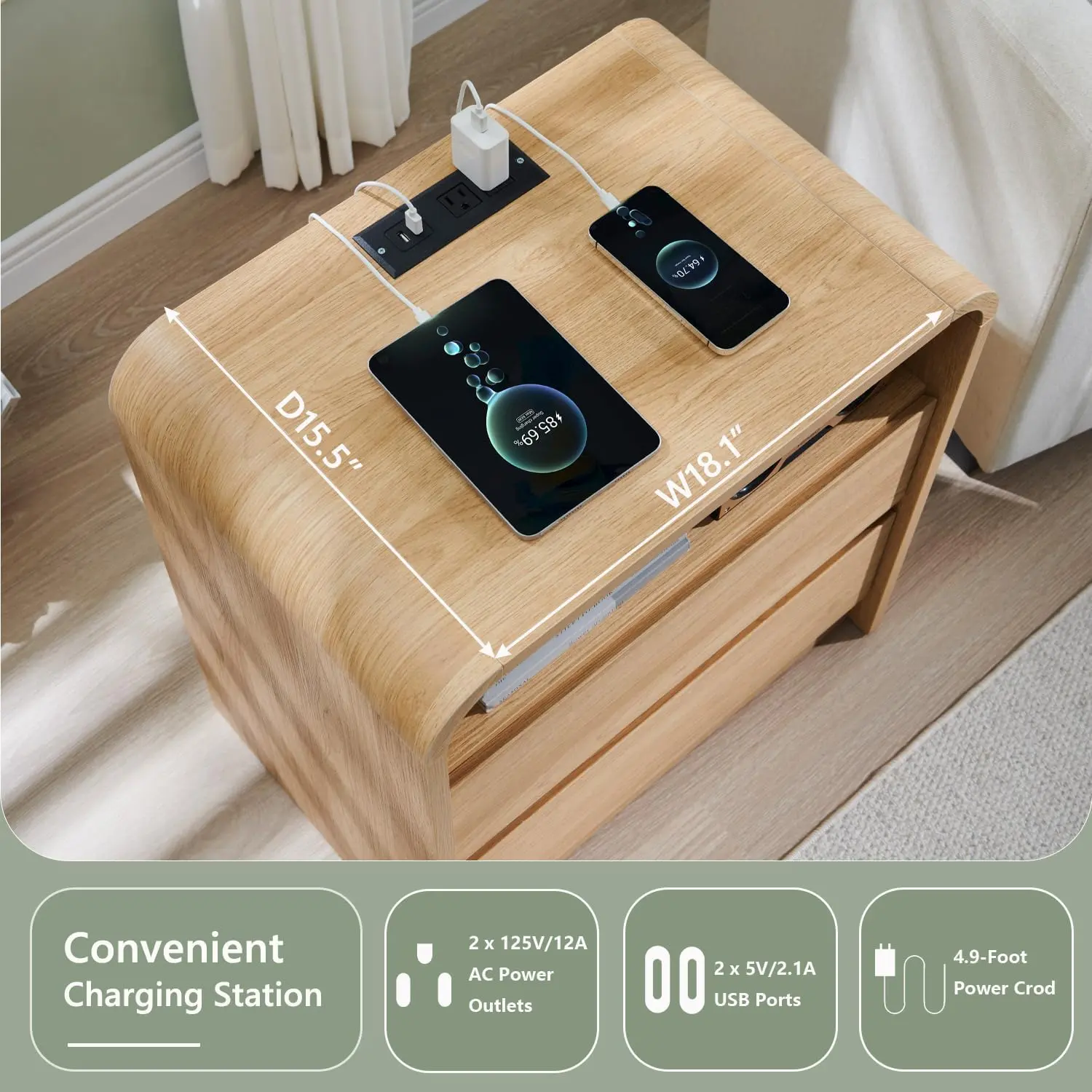 25" Tall Modern Nightstand with Charging Station, 23.6'' Wide Wood Bedside Table w/2 Storage Drawers, Large Mid Century