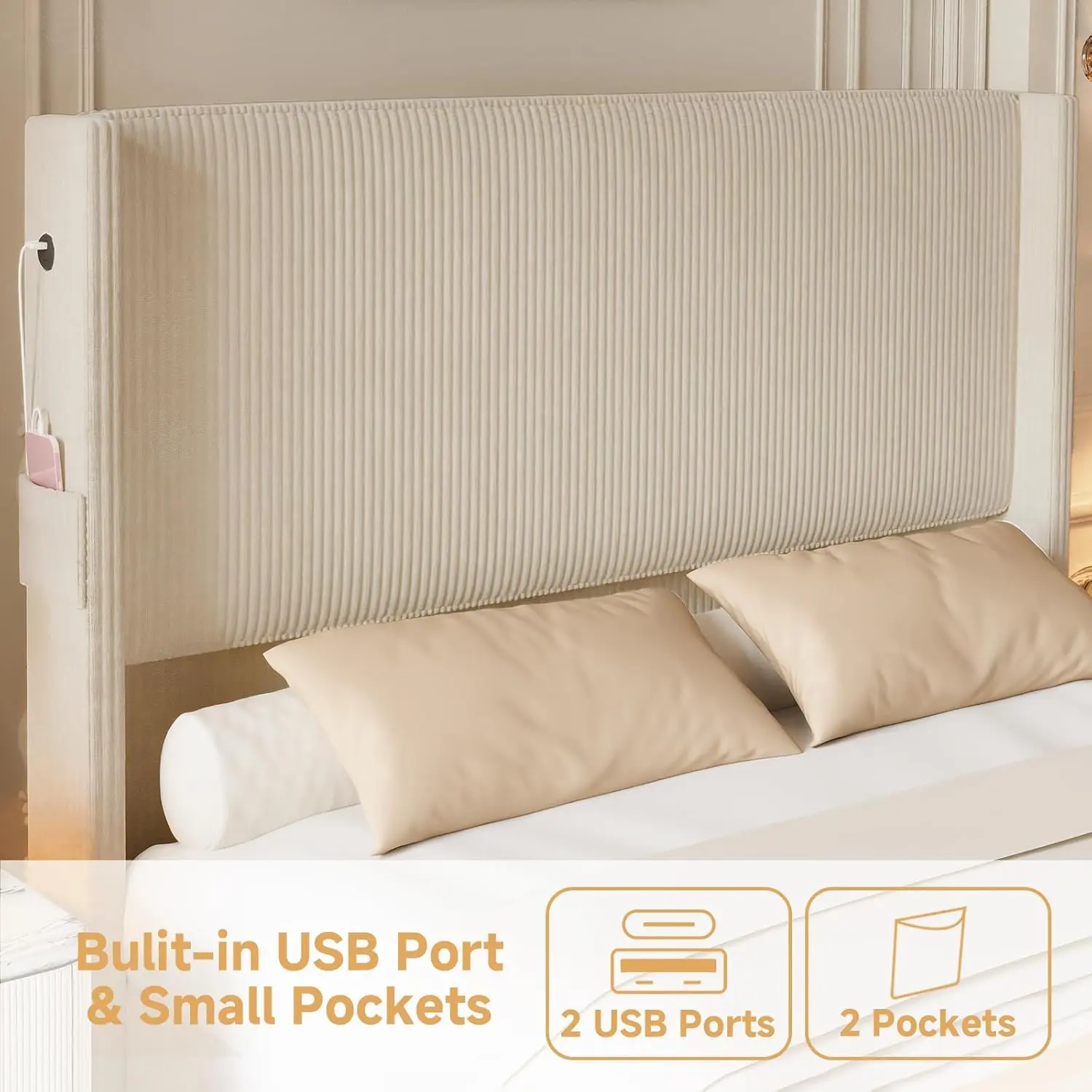 King Size Bed Frame and Headboard, Upholstered King Bed Frame with Tall Wingback Headboard & Footboard, USB Ports