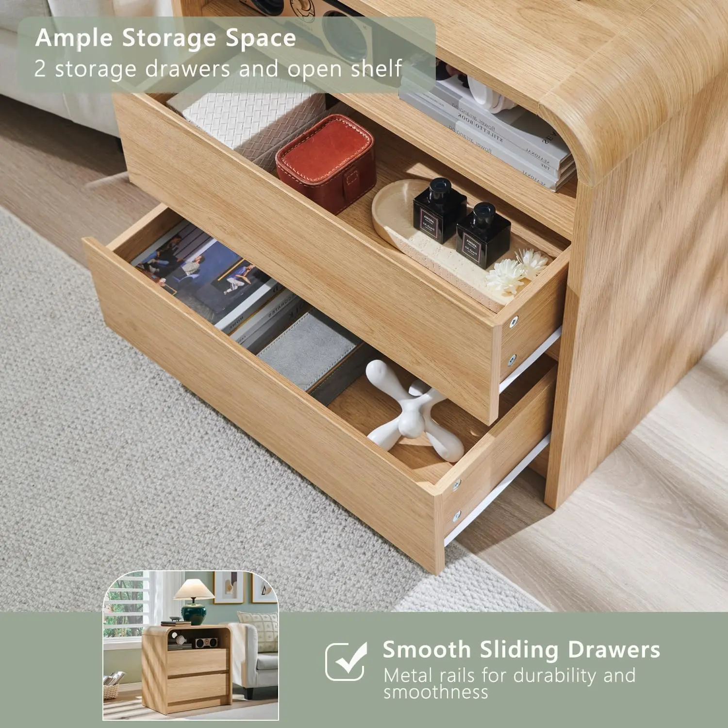 25" Tall Modern Nightstand with Charging Station, 23.6'' Wide Wood Bedside Table w/2 Storage Drawers, Large Mid Century