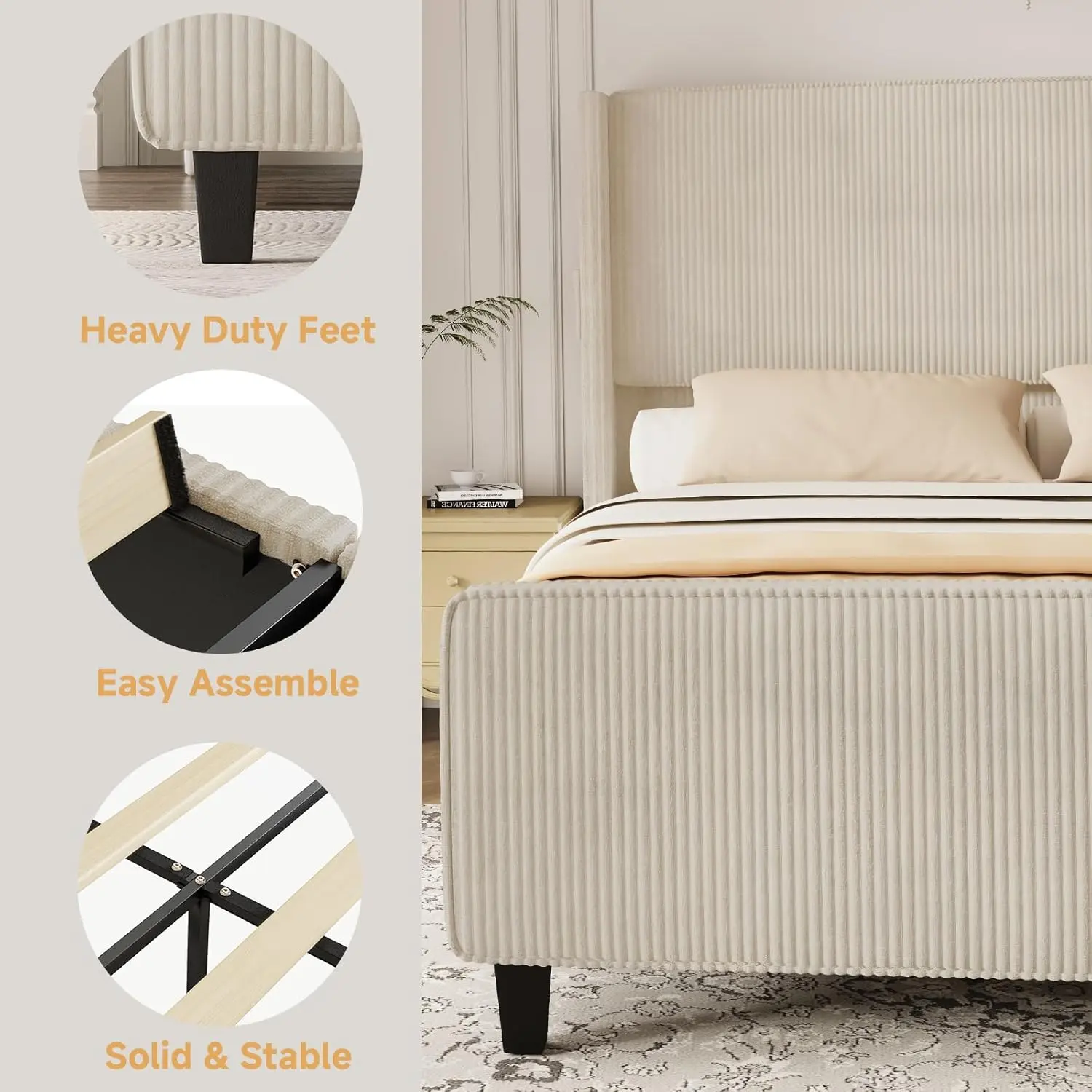 King Size Bed Frame and Headboard, Upholstered King Bed Frame with Tall Wingback Headboard & Footboard, USB Ports