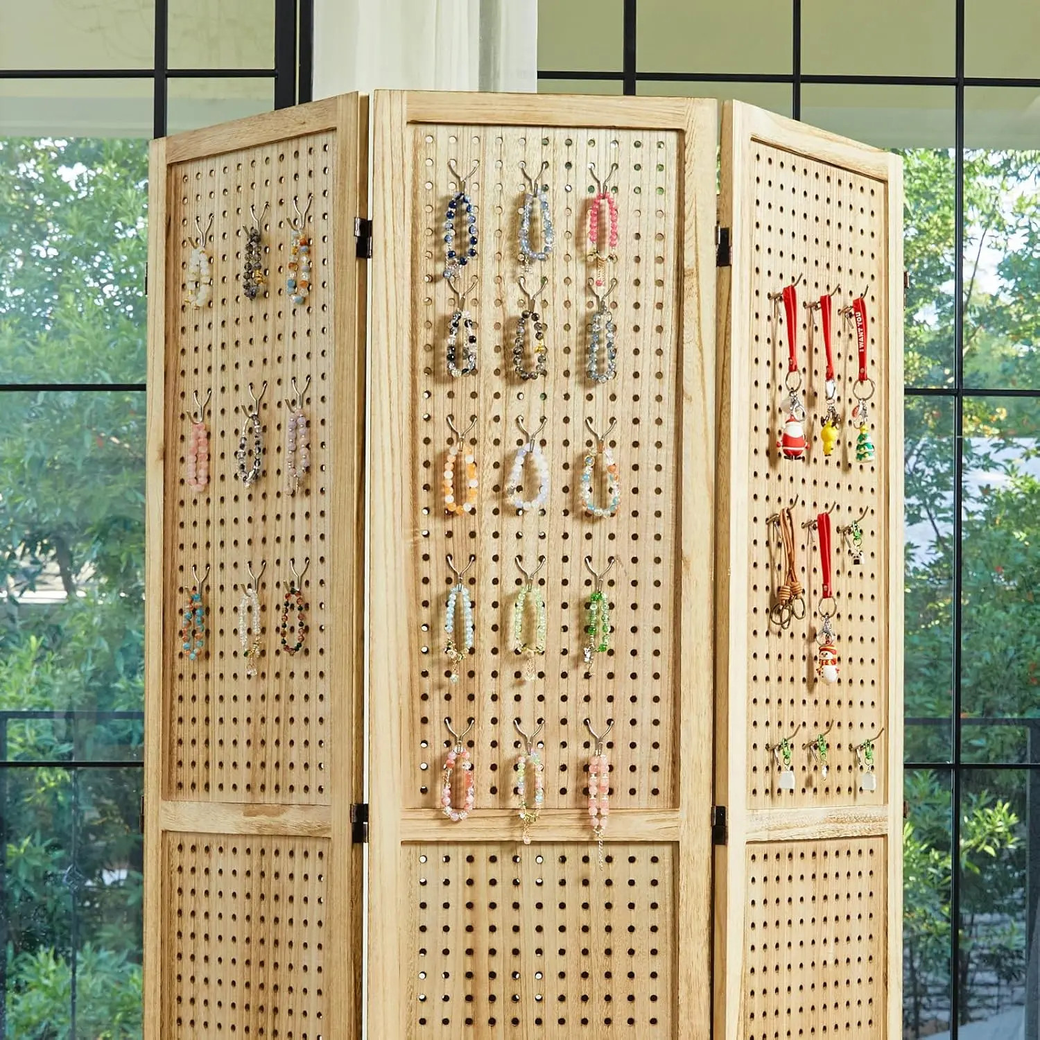 Pegboard Display, 5.6Ft Portable Freestanding Wall Organizer Wooden Room Divider Folding Privacy Screens for Craft Art Display
