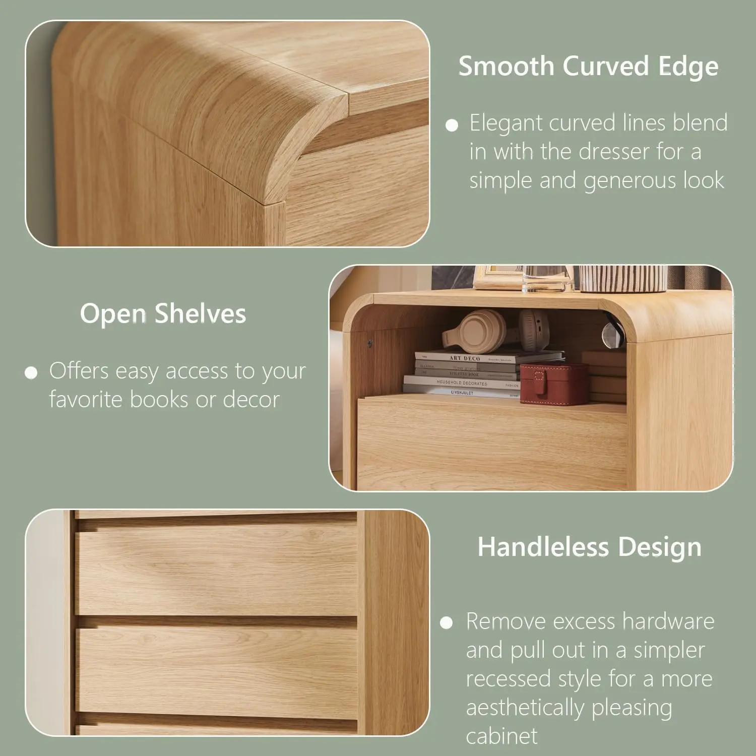 25" Tall Modern Nightstand with Charging Station, 23.6'' Wide Wood Bedside Table w/2 Storage Drawers, Large Mid Century