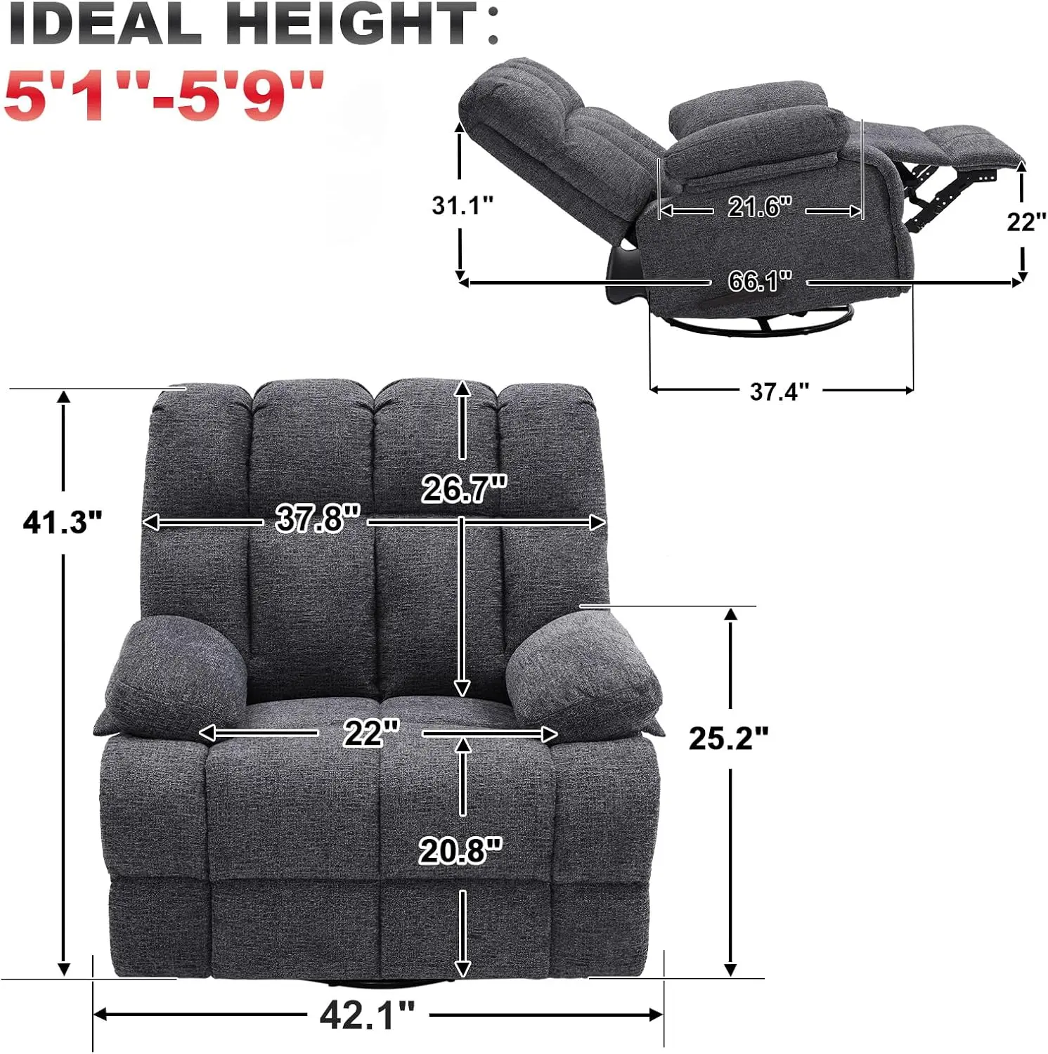 Oversized Rocker Chair, Lazy Boy Recliner Chair for Big Man, Extra Wide Manual Swivel Recliner, Overstuffed Soft Rocking Sofa