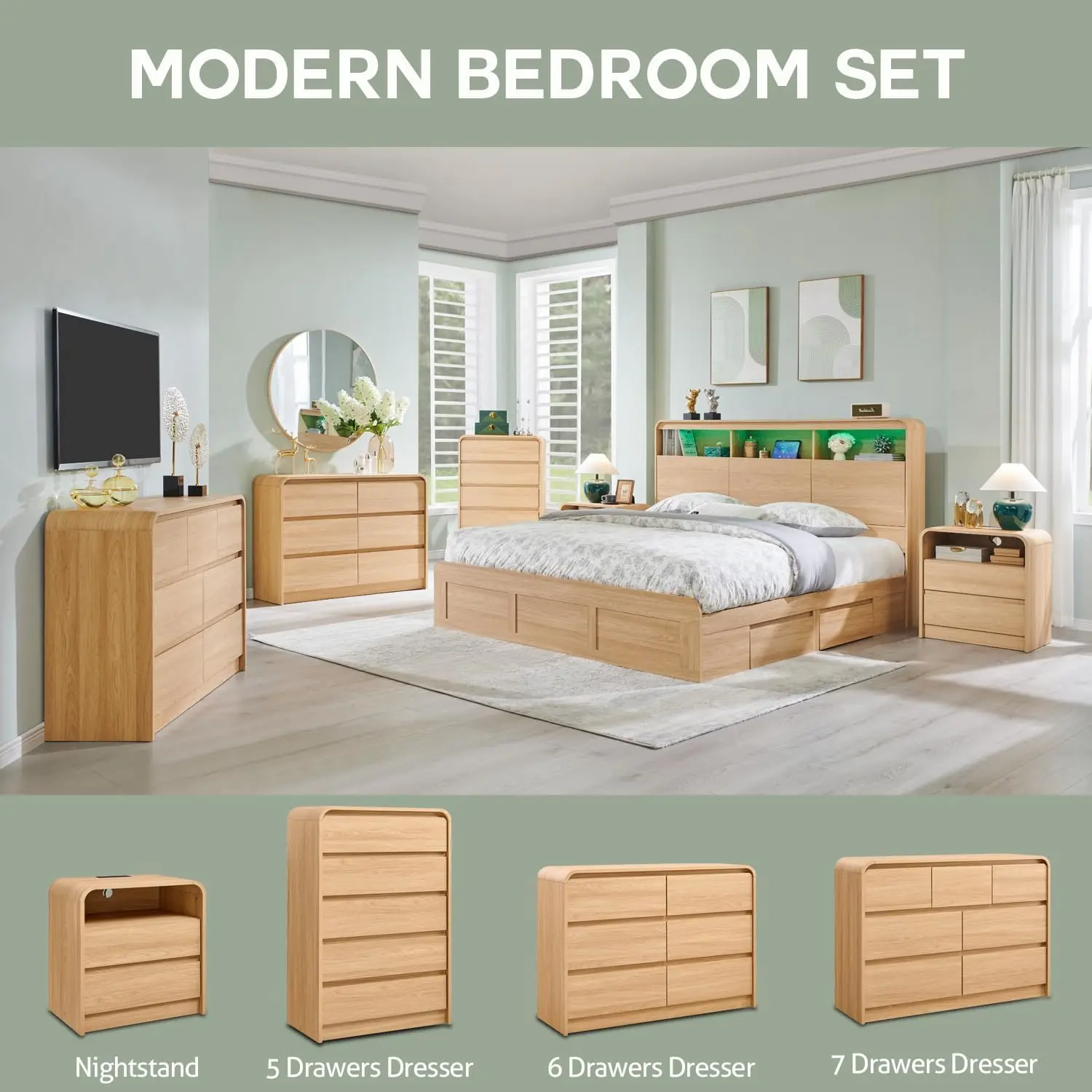 25" Tall Modern Nightstand with Charging Station, 23.6'' Wide Wood Bedside Table w/2 Storage Drawers, Large Mid Century