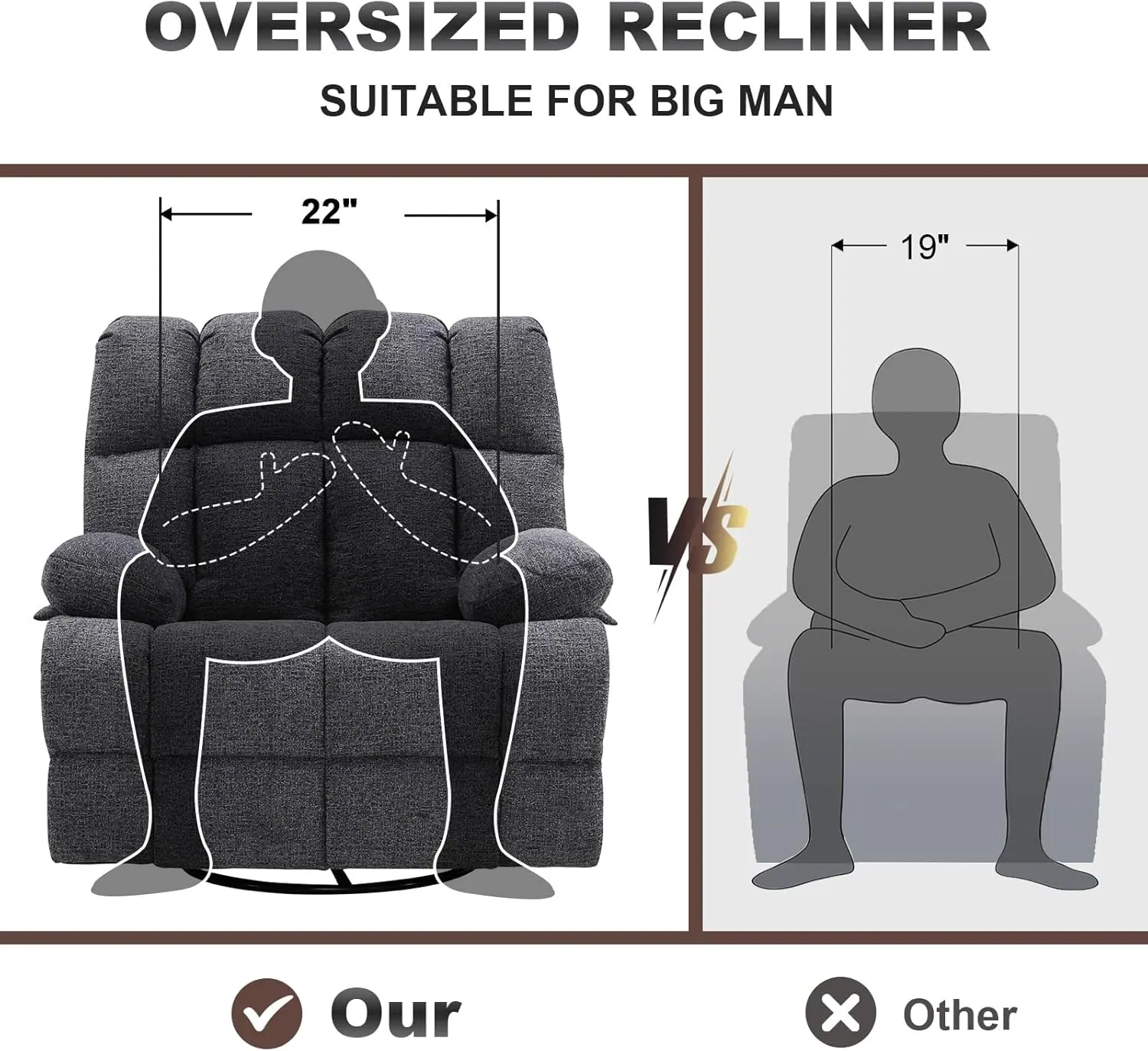 Oversized Rocker Chair, Lazy Boy Recliner Chair for Big Man, Extra Wide Manual Swivel Recliner, Overstuffed Soft Rocking Sofa