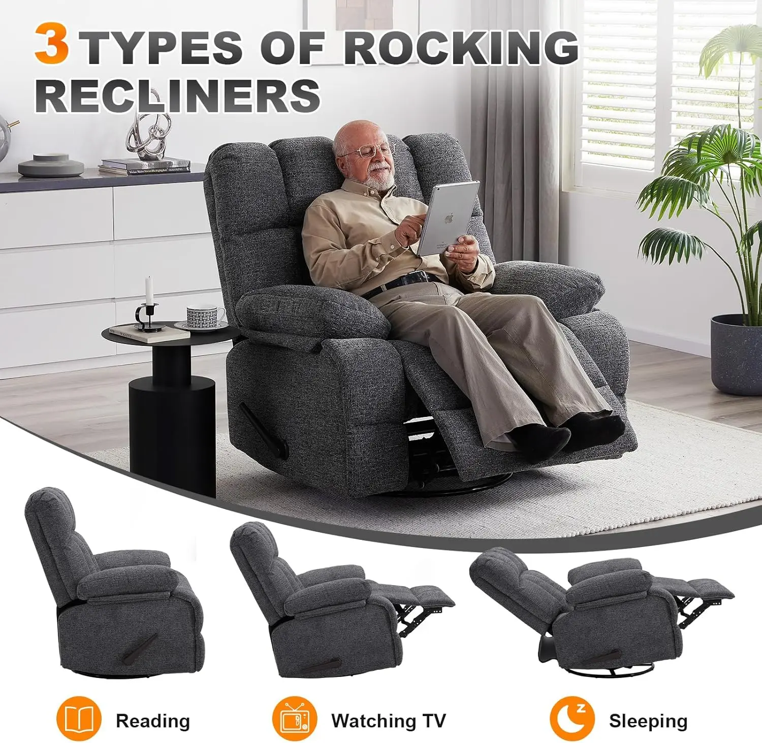 Oversized Rocker Chair, Lazy Boy Recliner Chair for Big Man, Extra Wide Manual Swivel Recliner, Overstuffed Soft Rocking Sofa