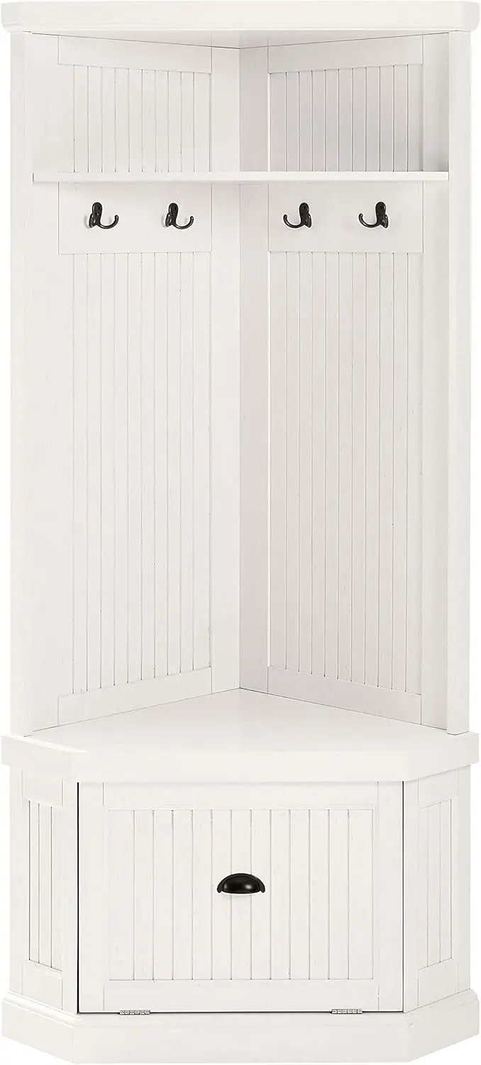 Seaside Corner Hall Tree with Shoe Rack Bench and Coat Hooks for Hanging Storage, Distressed White