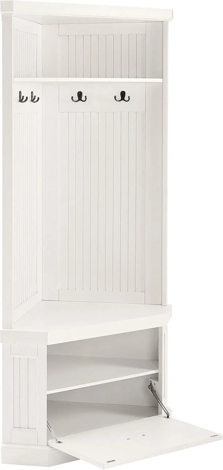 Seaside Corner Hall Tree with Shoe Rack Bench and Coat Hooks for Hanging Storage, Distressed White