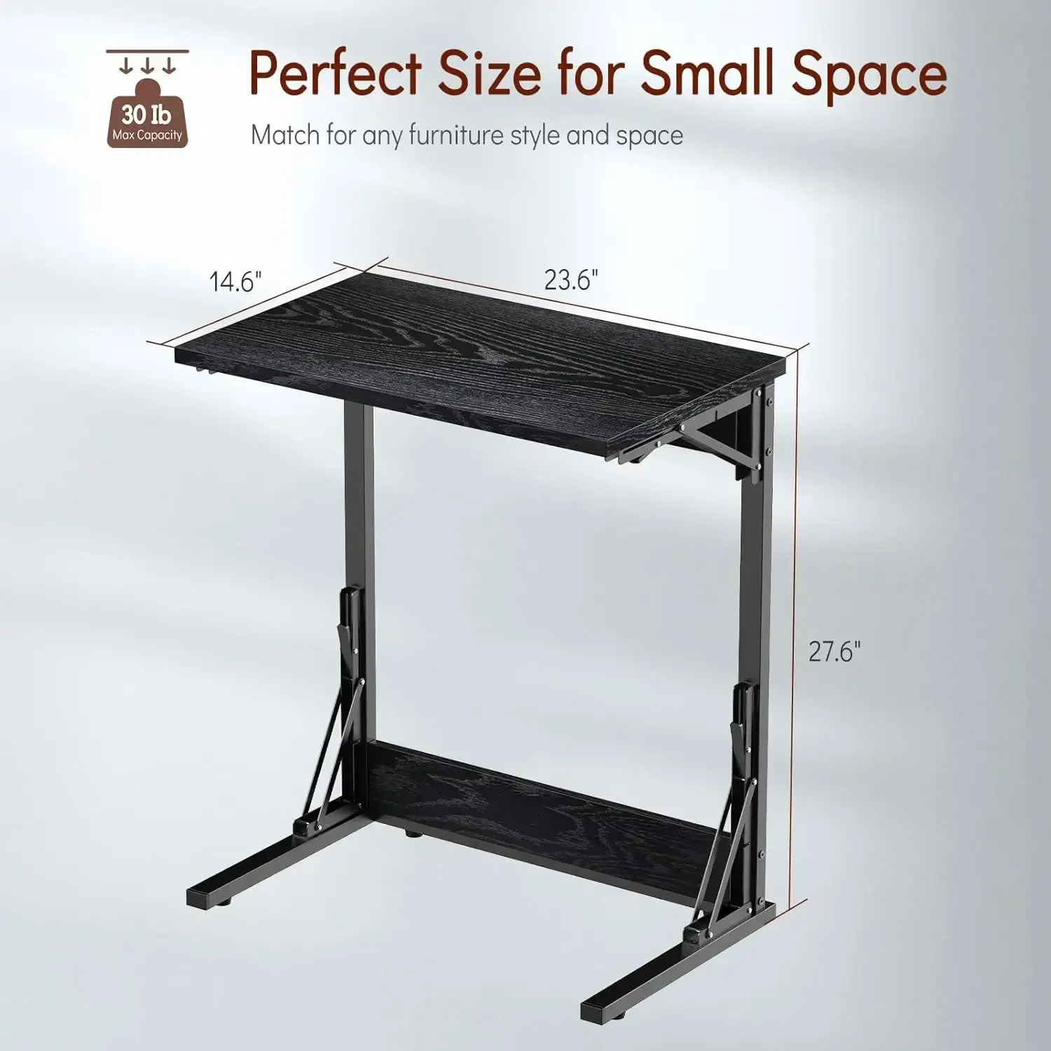24" Folding C Shaped End Table, Small Sofa Side Laptop Desk, Couch TV Tray Table for Living Room, Bedroom, Dark Black