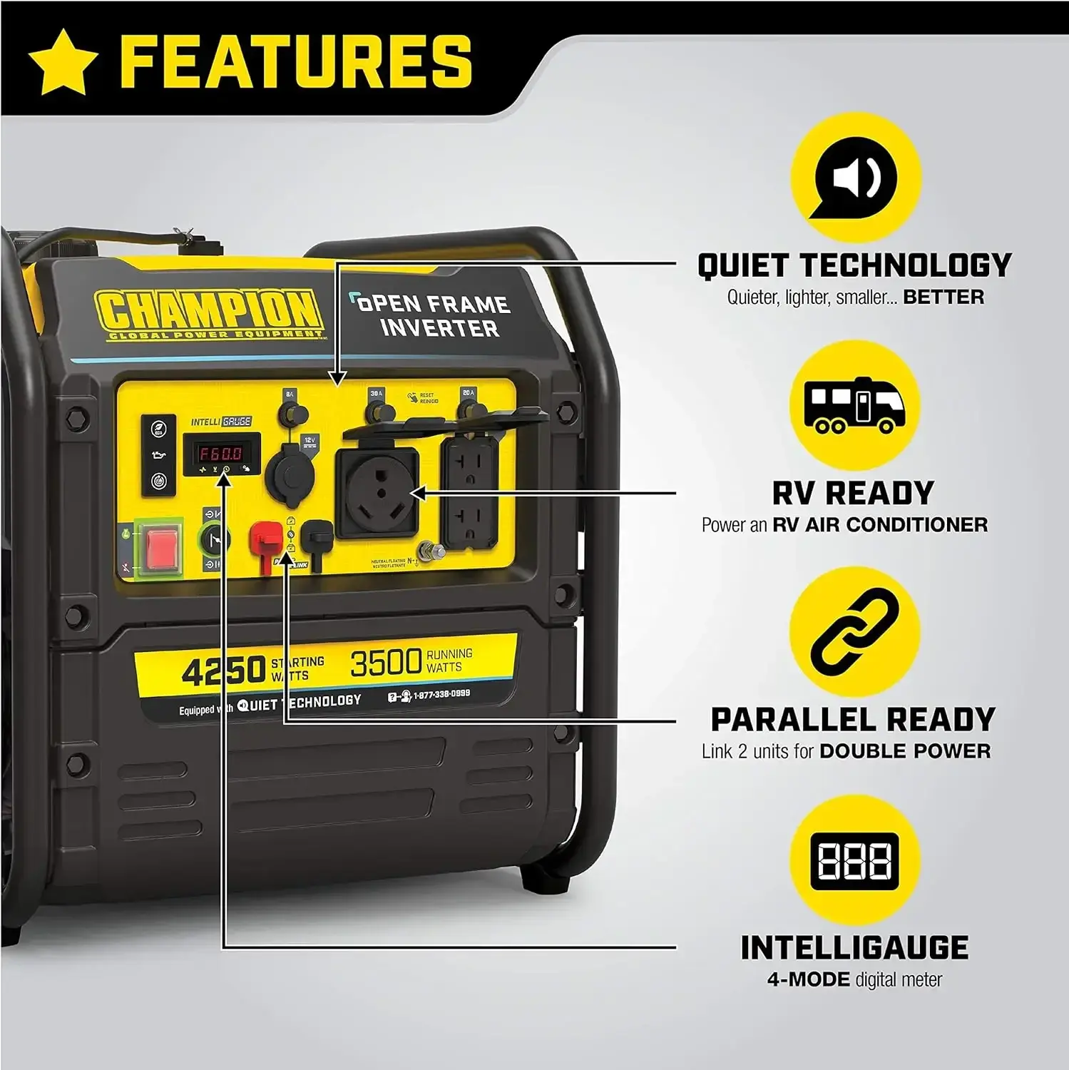4250-Watt RV Ready Portable Open Frame Inverter Generator with Quiet Technology