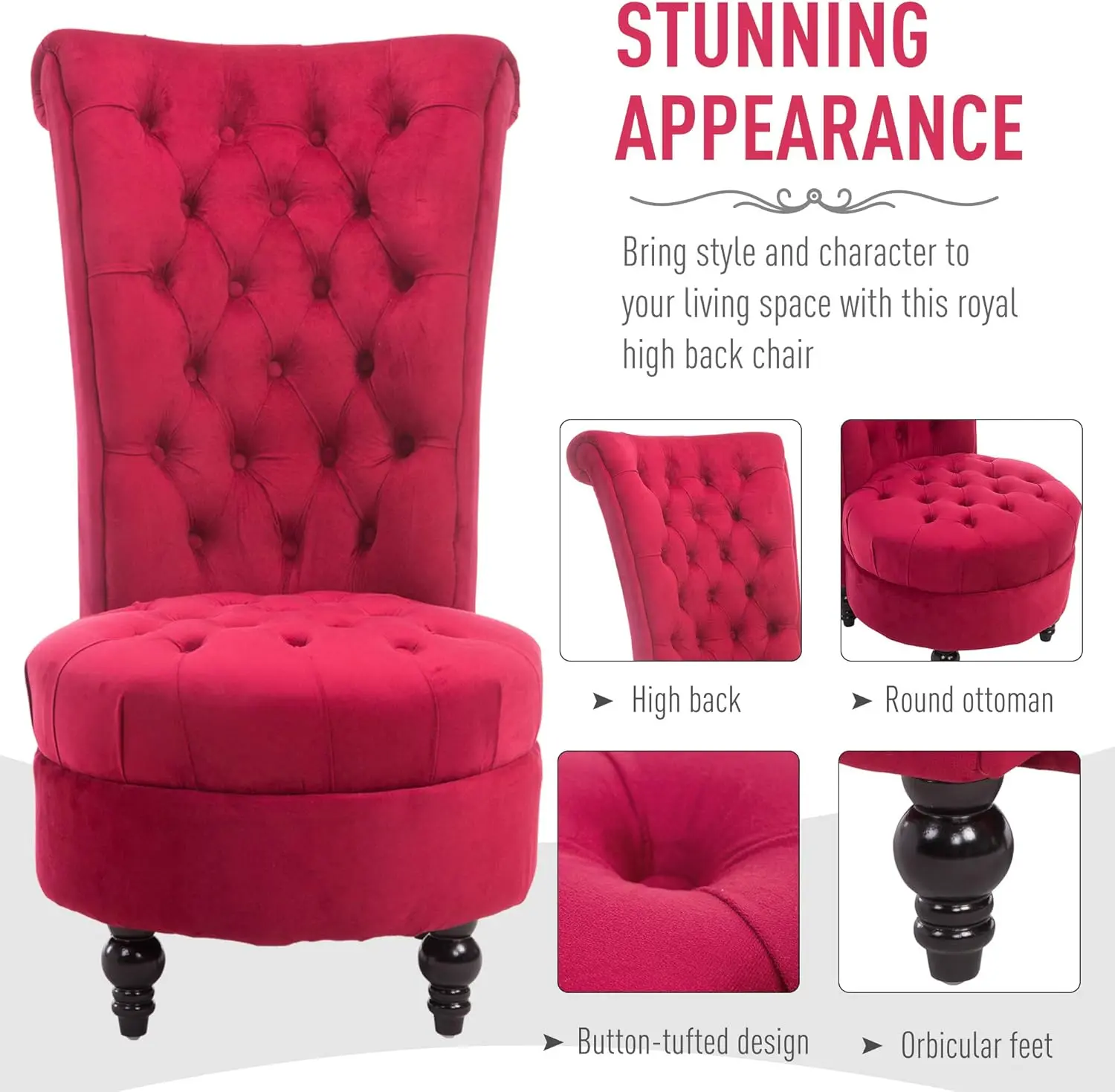 High Back Accent Chair, Upholstered Armless Chair, Retro Button-Tufted Royal Design with Thick Padding and Rubberwood Leg