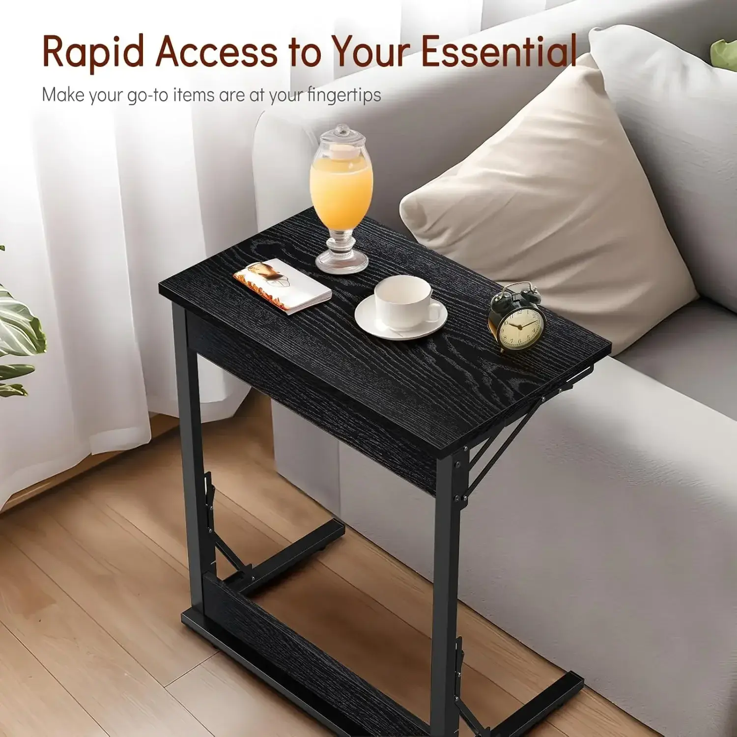 24" Folding C Shaped End Table, Small Sofa Side Laptop Desk, Couch TV Tray Table for Living Room, Bedroom, Dark Black