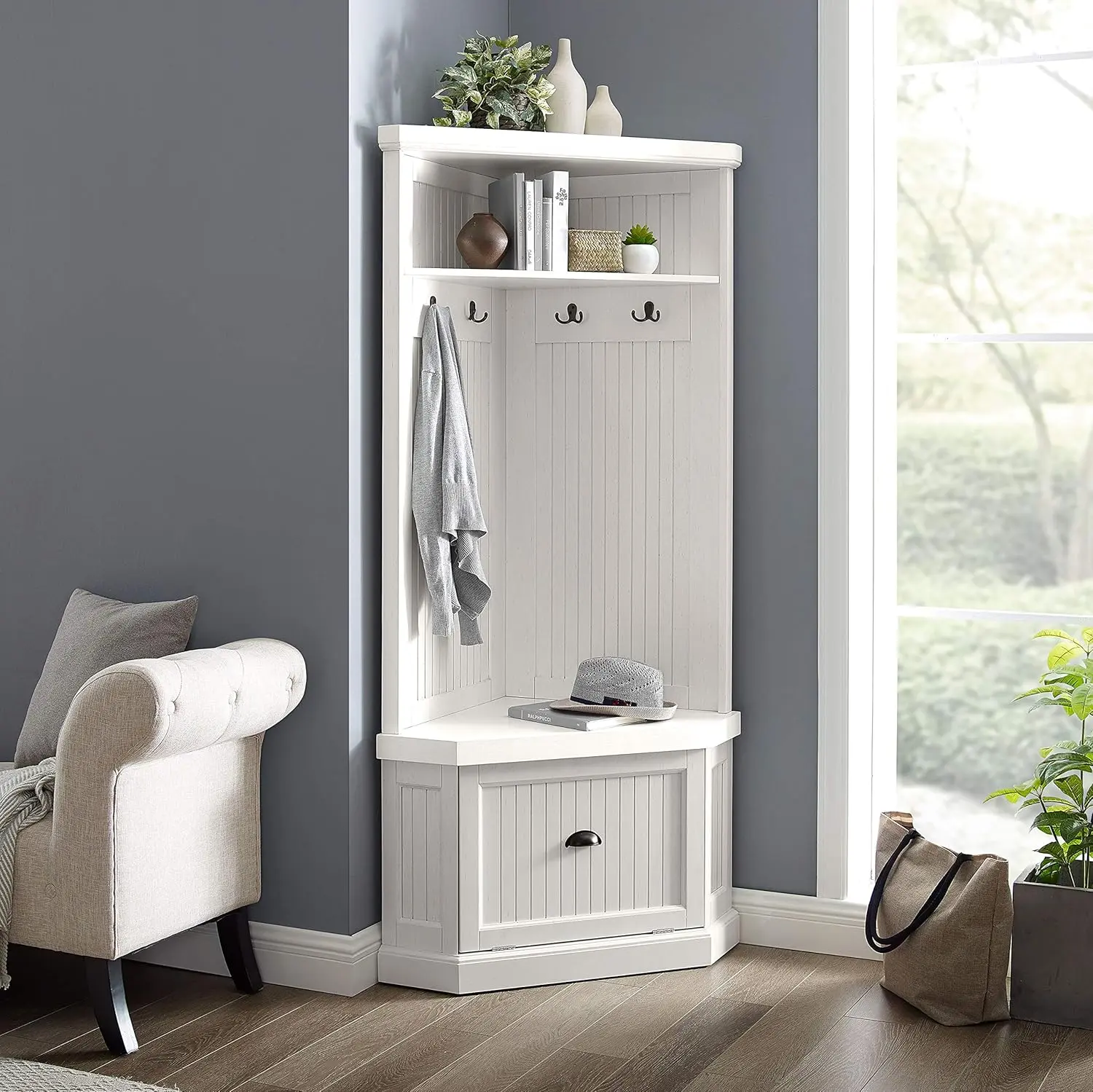Seaside Corner Hall Tree with Shoe Rack Bench and Coat Hooks for Hanging Storage, Distressed White