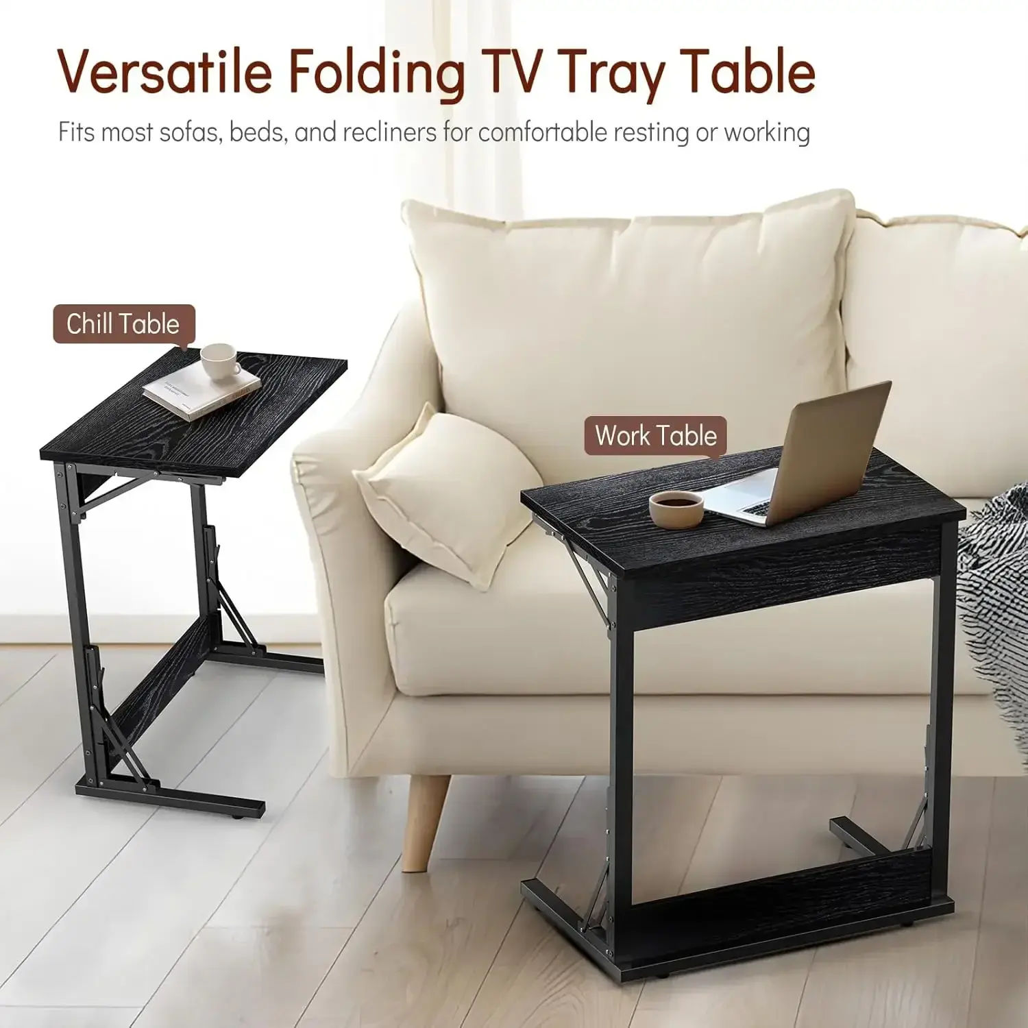 24" Folding C Shaped End Table, Small Sofa Side Laptop Desk, Couch TV Tray Table for Living Room, Bedroom, Dark Black