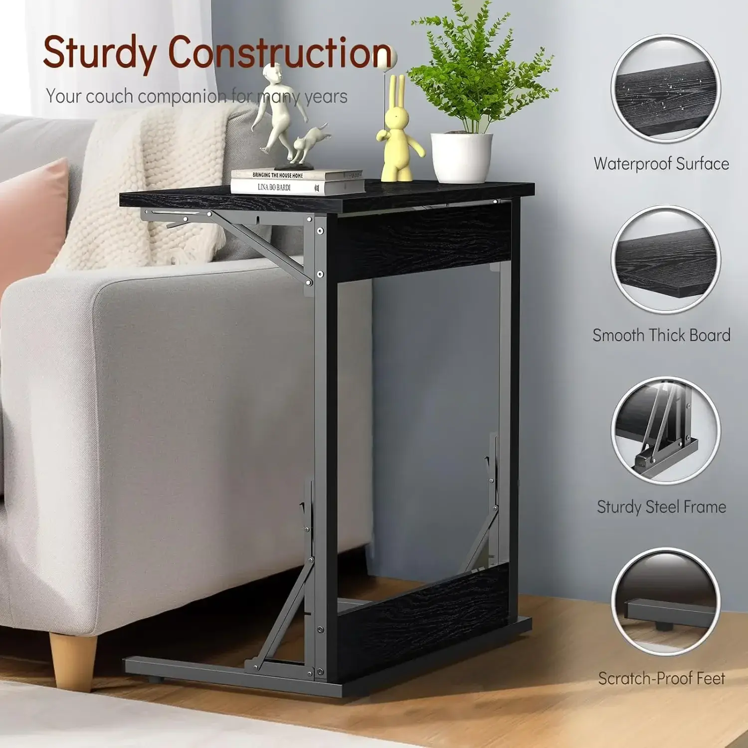 24" Folding C Shaped End Table, Small Sofa Side Laptop Desk, Couch TV Tray Table for Living Room, Bedroom, Dark Black