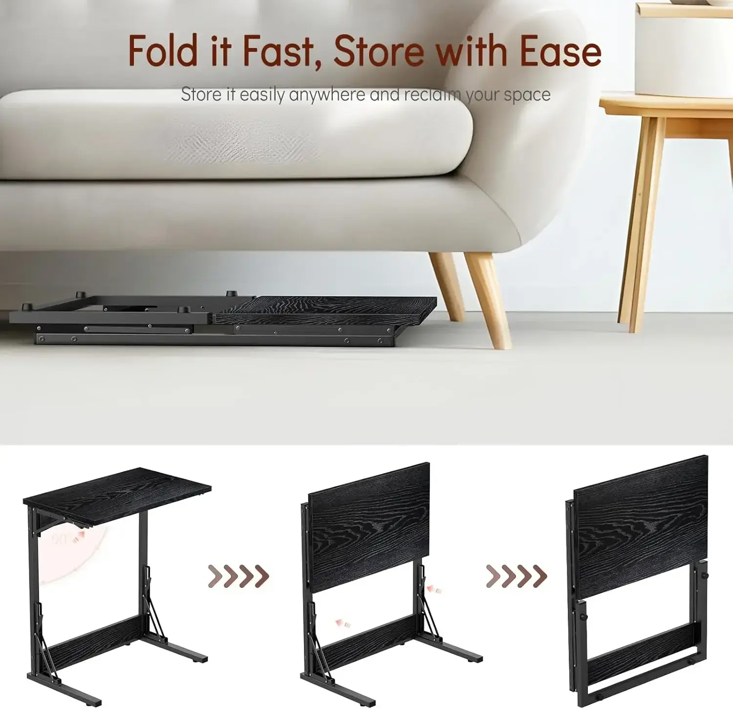 24" Folding C Shaped End Table, Small Sofa Side Laptop Desk, Couch TV Tray Table for Living Room, Bedroom, Dark Black