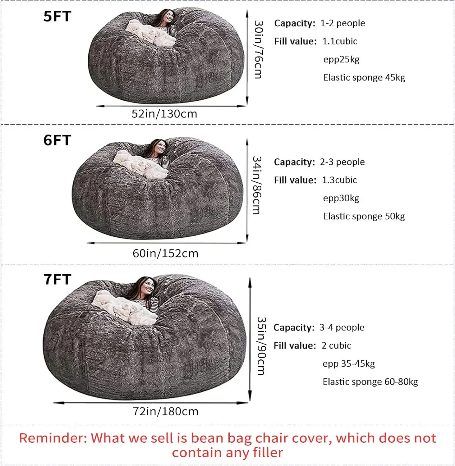 Giant Fur Bean Bag Chair Cover for Kids Adults, (No Filler) Living Room Furniture Big Round Soft Fluffy Faux Fur Beanbag Lazy