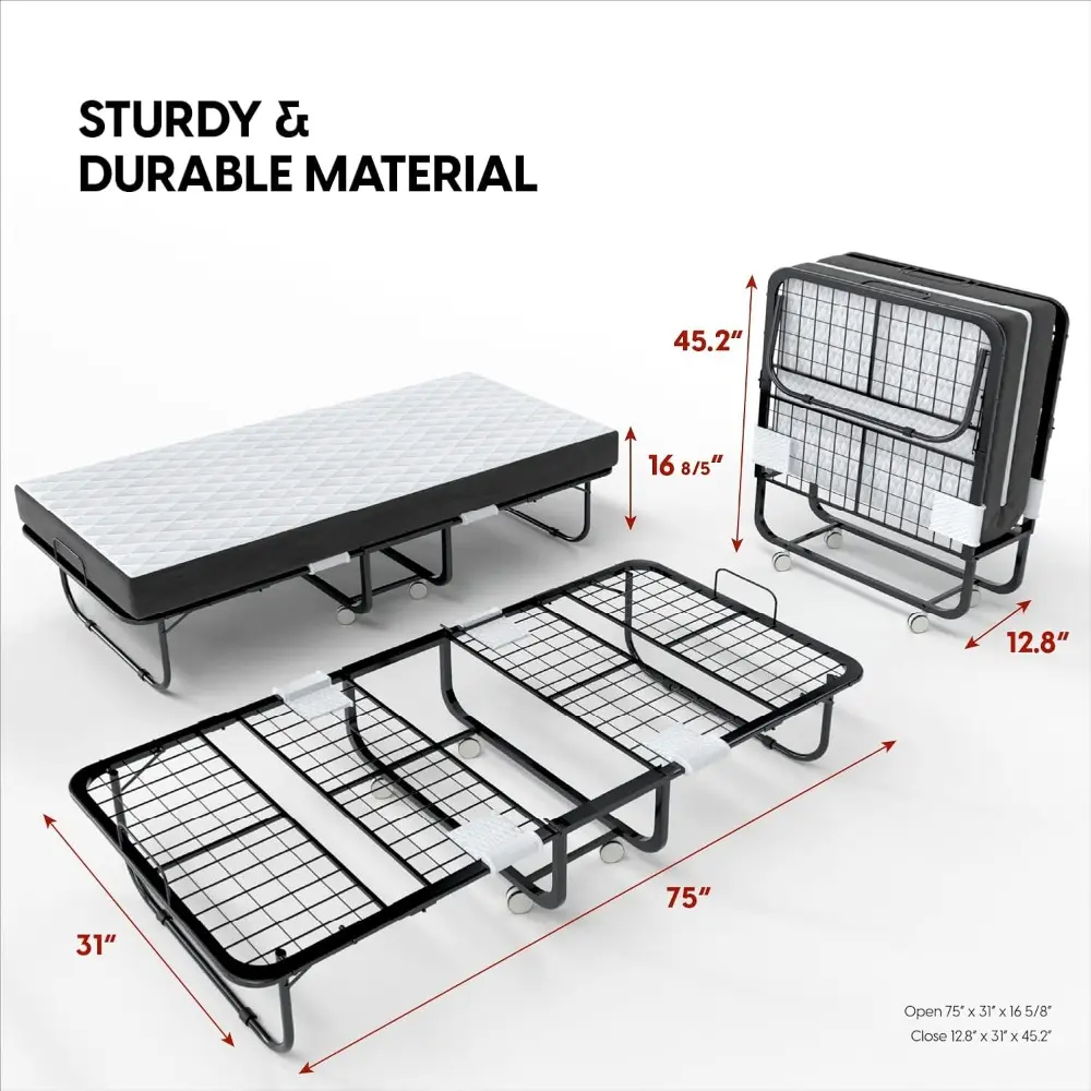 Folding Bed with Mattress - 75x31 Cot Size Frame - Portable Rollaway Guest Bed with 5-inch Memory Foam Mattress - Space-Saving
