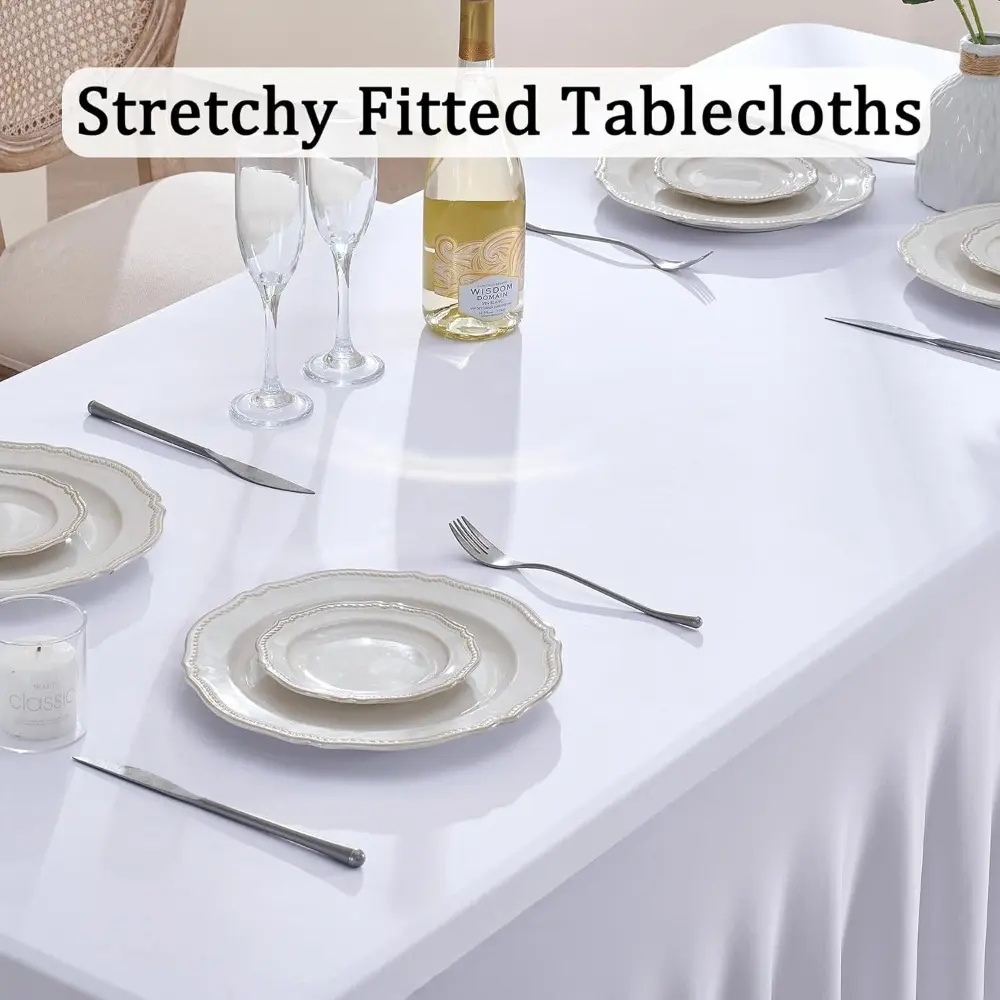 6 Pack Spandex White Tablesloths for 8 Foot Rectangle Tables, Stretchy Table Cloths 8ft Fitted Table Cover Desk Skirt for Partie