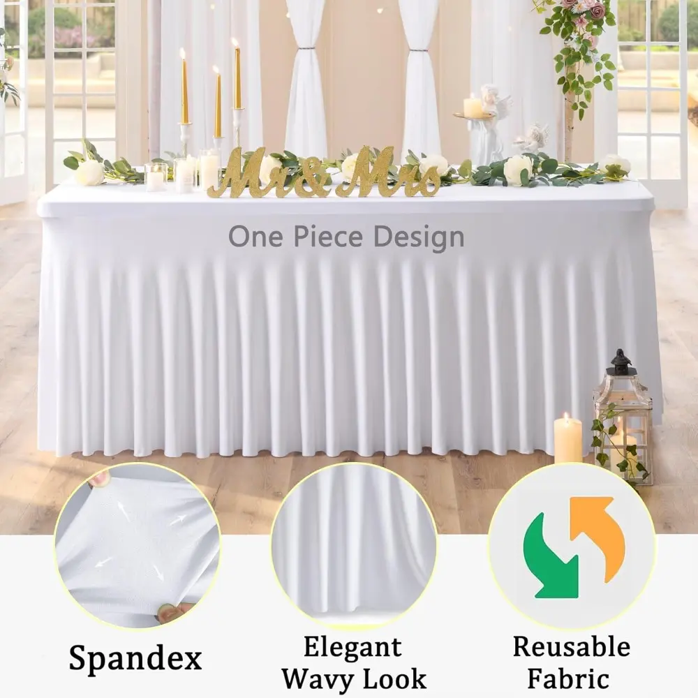6 Pack Spandex White Tablesloths for 8 Foot Rectangle Tables, Stretchy Table Cloths 8ft Fitted Table Cover Desk Skirt for Partie