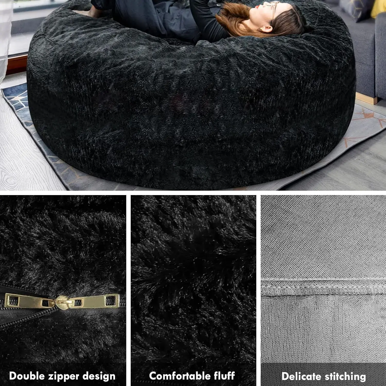 Giant Fur Bean Bag Chair Cover for Kids Adults, (No Filler) Living Room Furniture Big Round Soft Fluffy Faux Fur Beanbag Lazy