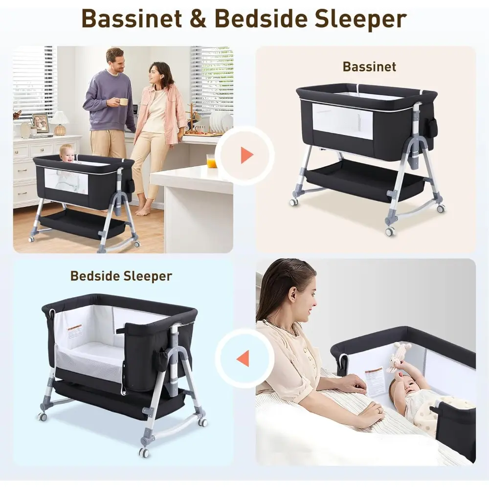 4 in 1 Bedside Bassinet for Baby, Portable Bassinets with Wheels, Baby Crib with Changing Station, Mattress Included and Storage