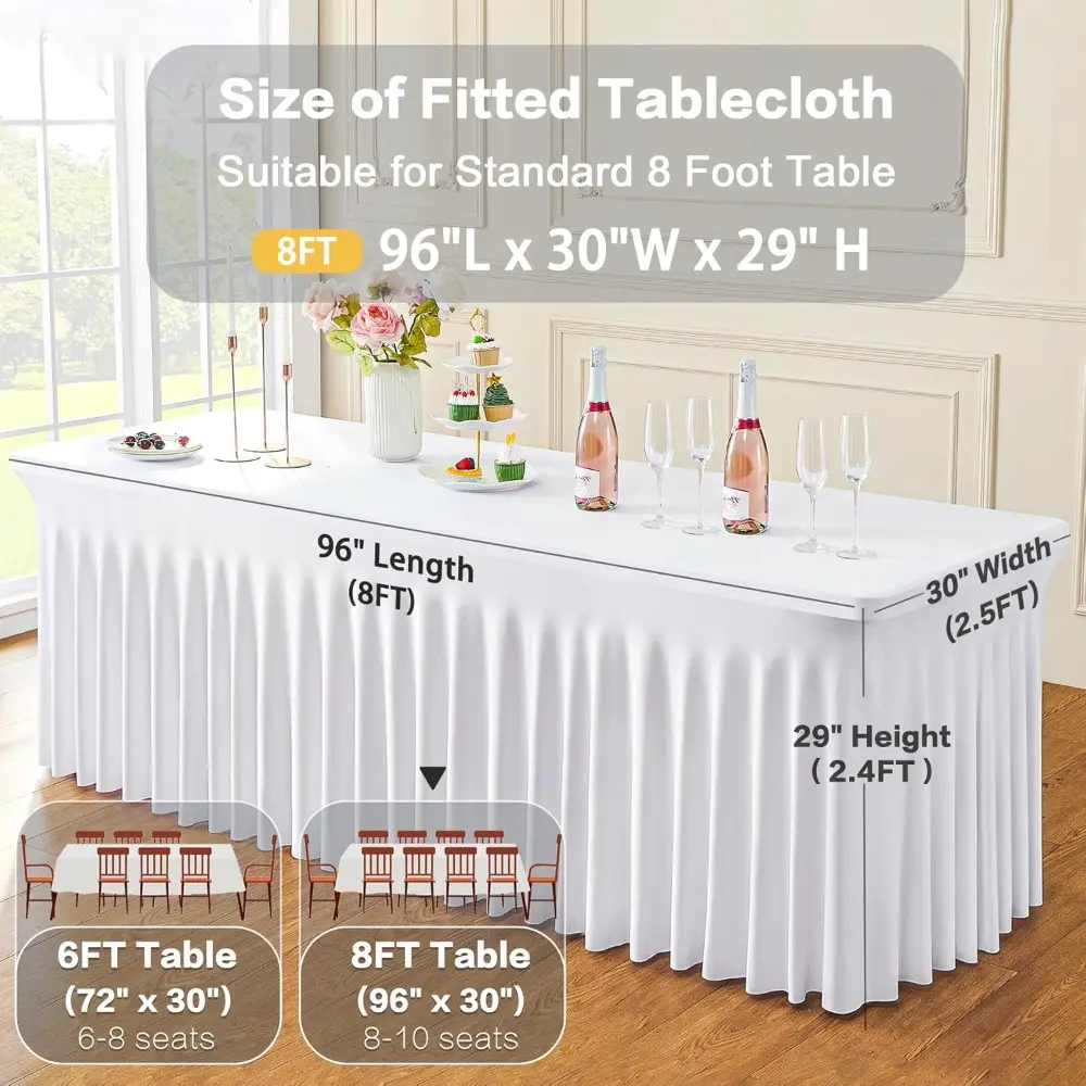 6 Pack Spandex White Tablesloths for 8 Foot Rectangle Tables, Stretchy Table Cloths 8ft Fitted Table Cover Desk Skirt for Partie