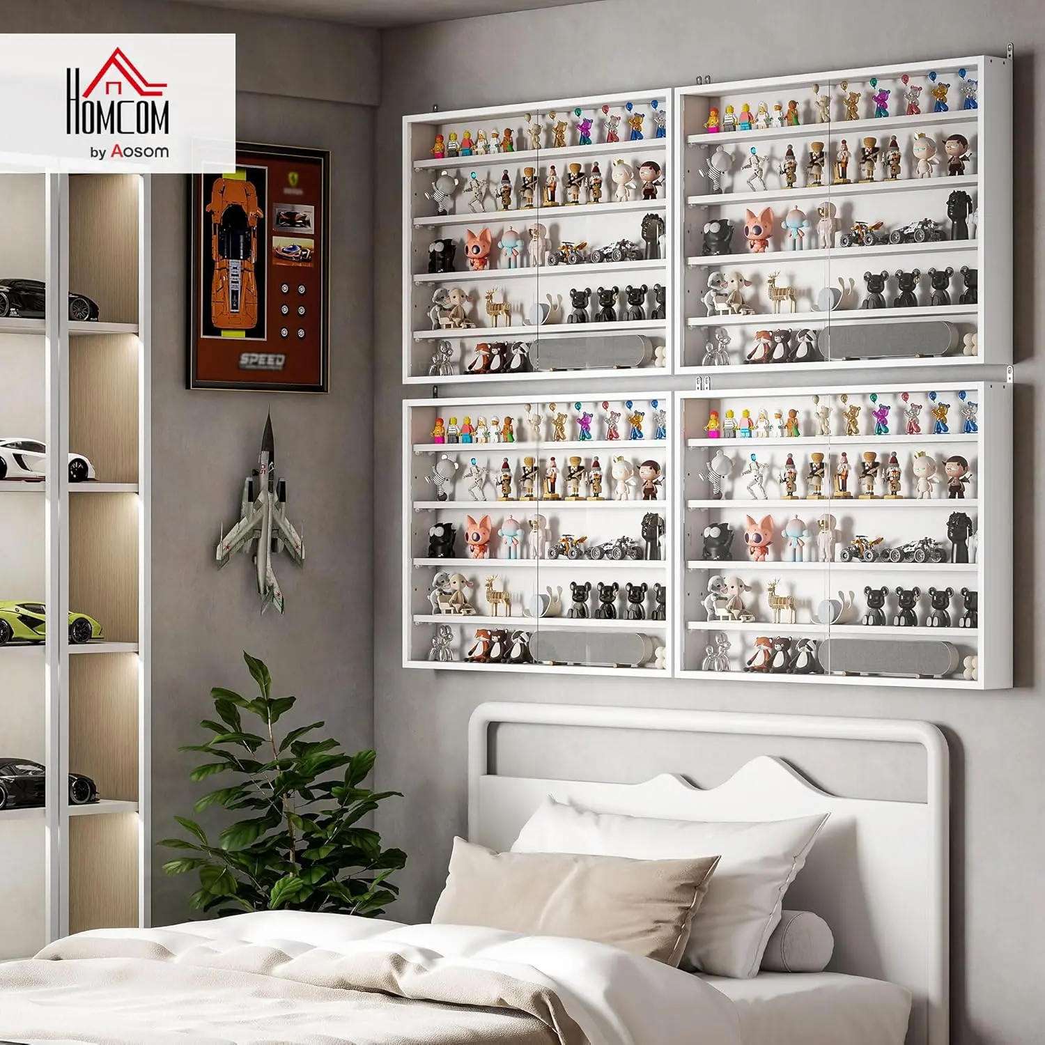 5-Tier Display Cabinet, Glass Display Case with 2 Doors and Adjustable Shelves, Wall-Mounted, White