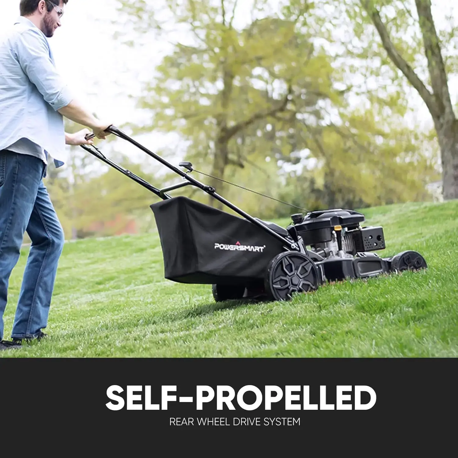 Self Propelled Gas Lawn Mower, 22 in. 170cc OHV Engine 3-in-1 Rear Wheel Drive, High Wheels, 6-Position Height Adjustment, Black