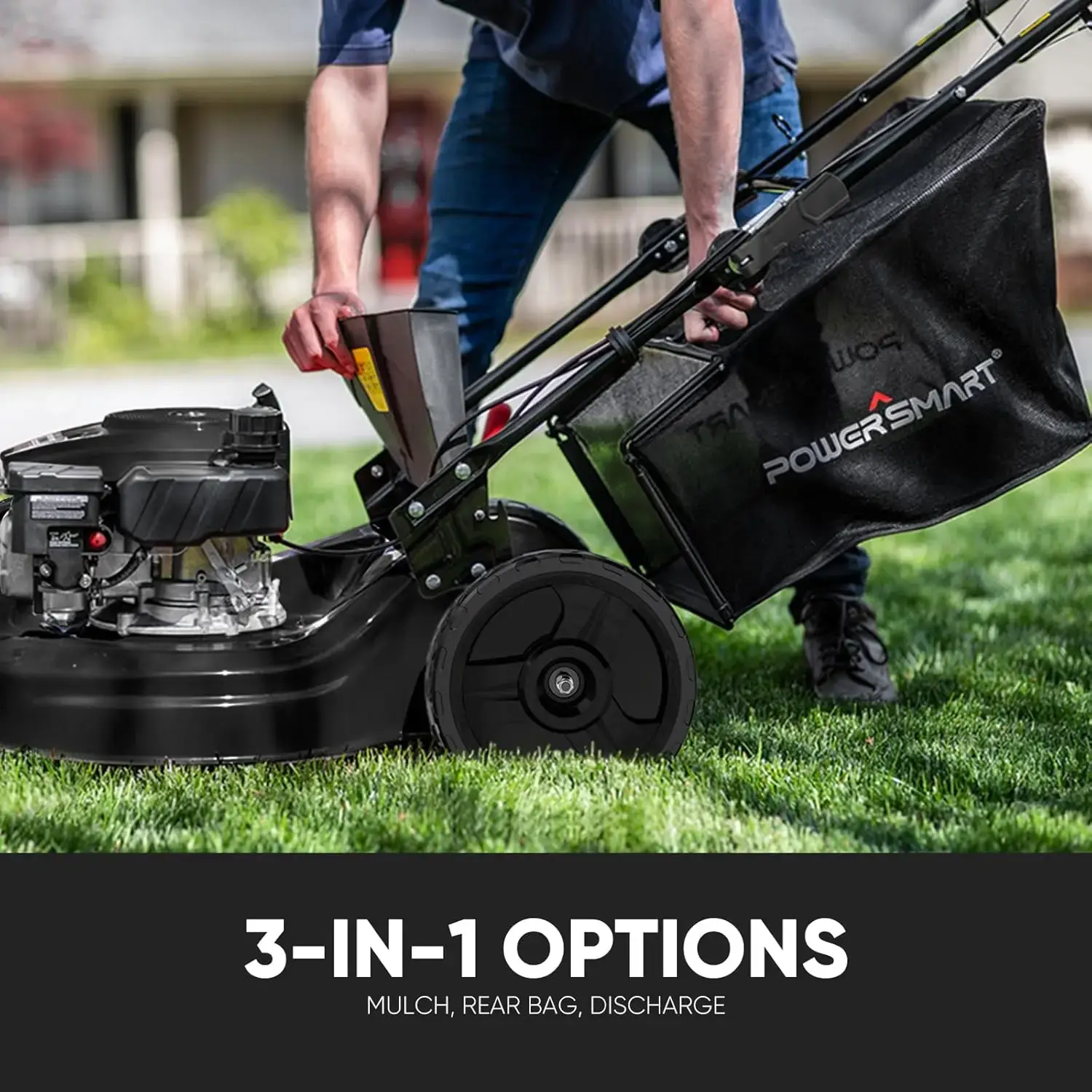 Self Propelled Gas Lawn Mower, 22 in. 170cc OHV Engine 3-in-1 Rear Wheel Drive, High Wheels, 6-Position Height Adjustment, Black