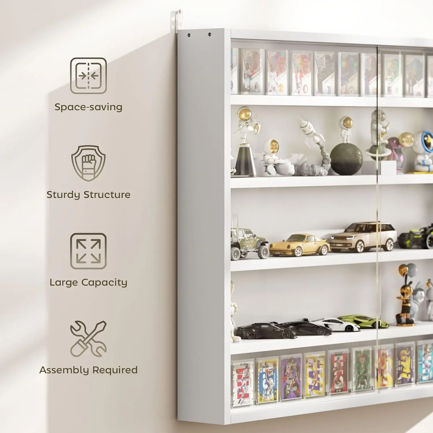 5-Tier Display Cabinet, Glass Display Case with 2 Doors and Adjustable Shelves, Wall-Mounted, White
