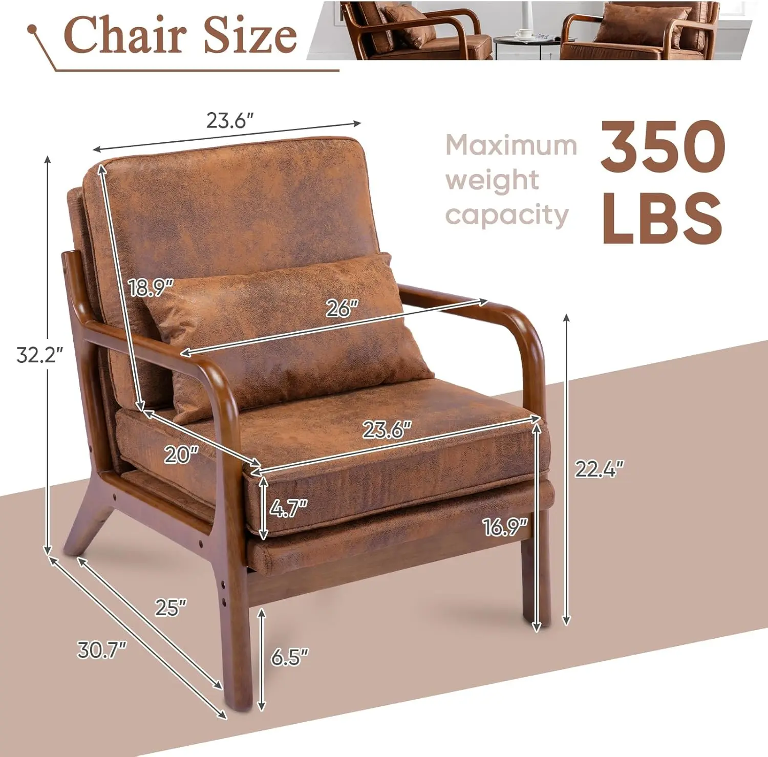 Mid Century Modern Accent Chair Set of 2 Living Room- Comfy Solid Wood Arm Chair with Lumber Pillow Lounge Decorative Brown