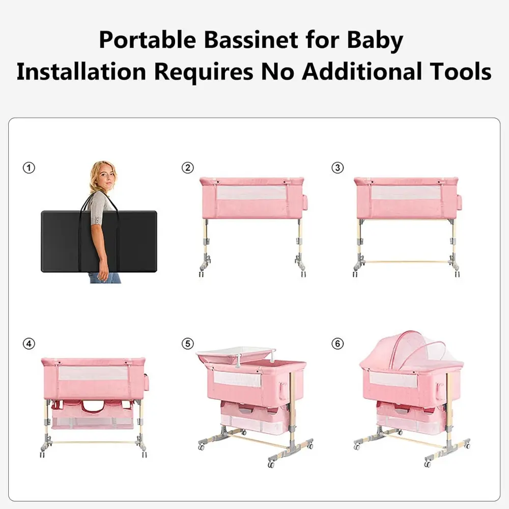 Baby Bassinet Bedside Sleeper with Diaper Changing Station + Mosquito Net + 16gallon Capacity Storage, Adjustable & Portable Bas