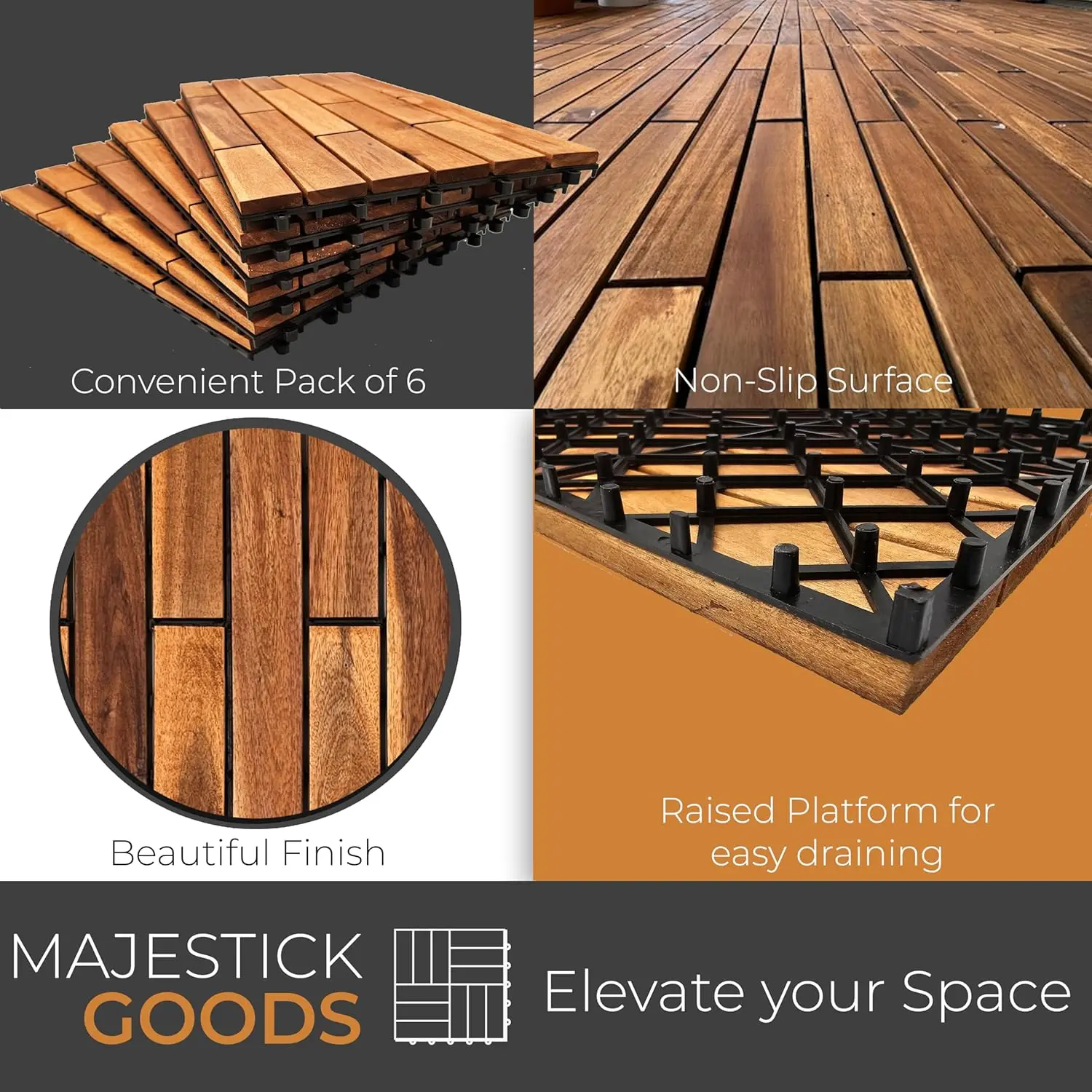 Interlocking Deck Tiles 24 x 12 Long Boards Snap Together Wood Flooring - Acacia Hardwood Outdoor Flooring for Patio - Floor