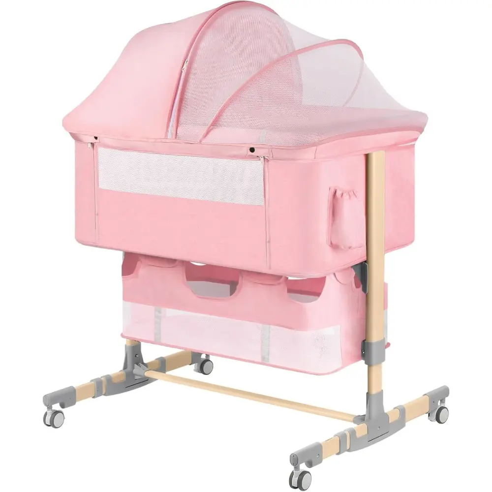 Baby Bassinet Bedside Sleeper with Diaper Changing Station + Mosquito Net + 16gallon Capacity Storage, Adjustable & Portable Bas