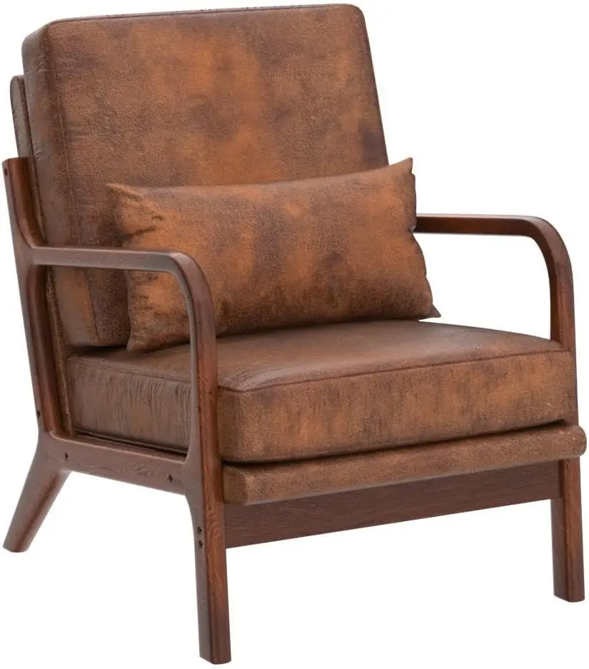 Mid Century Modern Accent Chair Set of 2 Living Room- Comfy Solid Wood Arm Chair with Lumber Pillow Lounge Decorative Brown