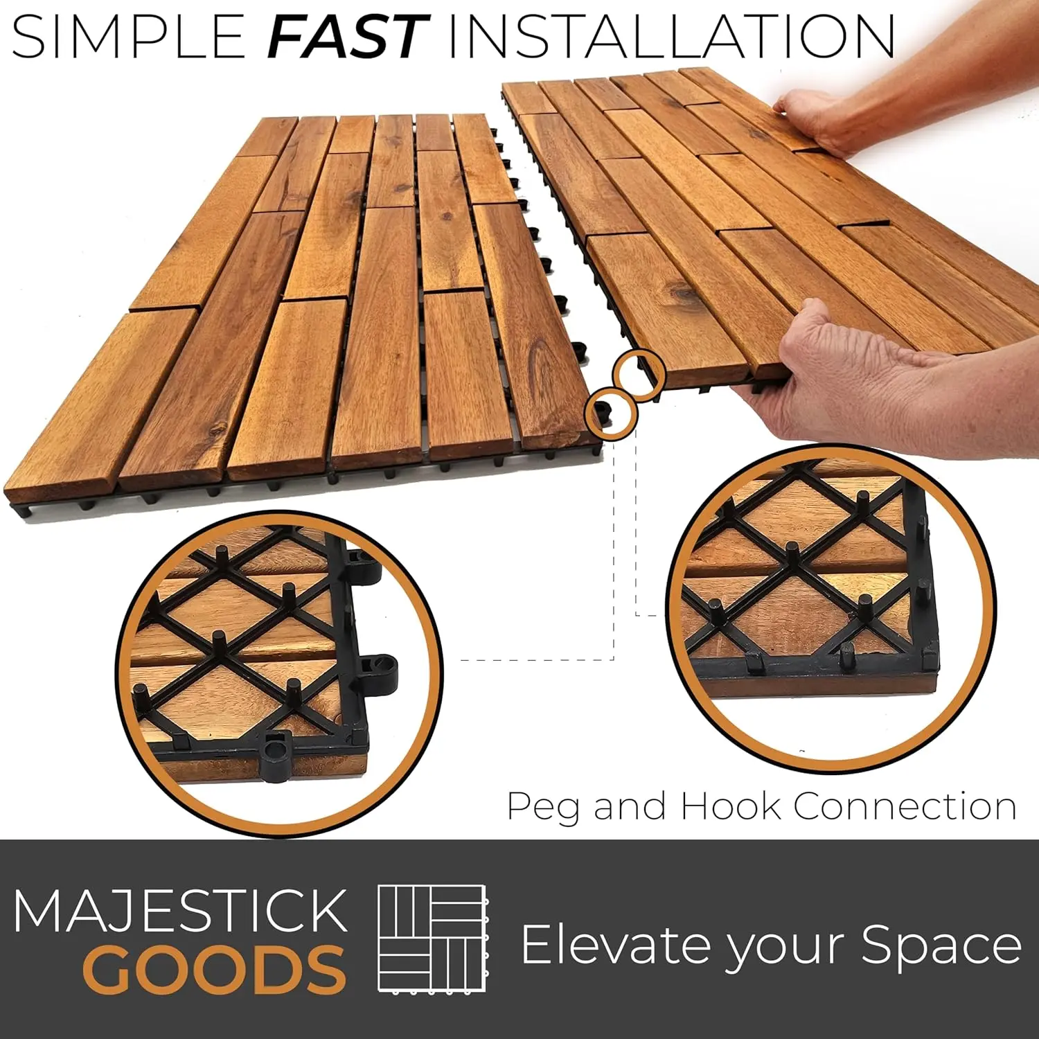 Interlocking Deck Tiles 24 x 12 Long Boards Snap Together Wood Flooring - Acacia Hardwood Outdoor Flooring for Patio - Floor