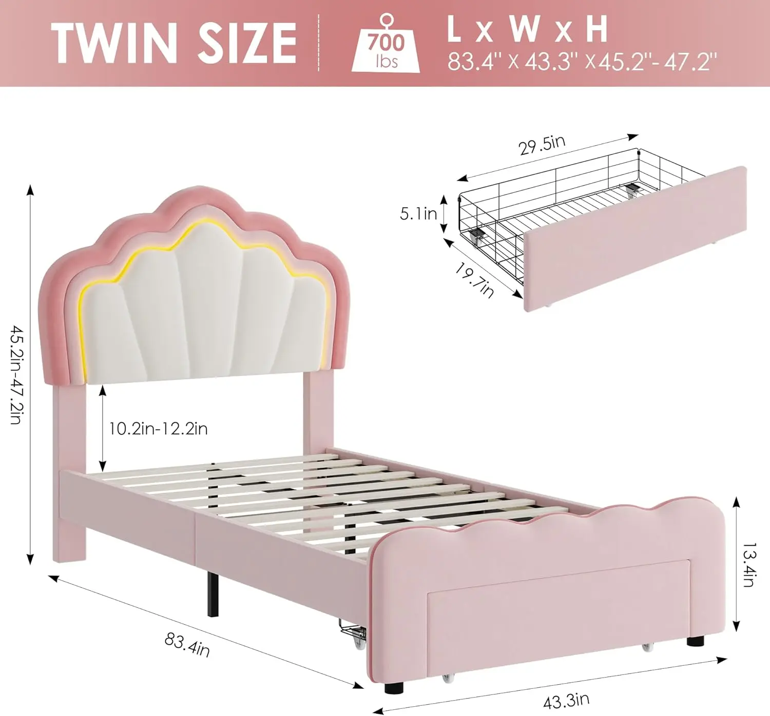 HOSTACK Twin Upholstered LED Bed Frame with Storage Drawer, Cute Girls Bed with Adjustable Lotus Headboard, Velvet Princess Plat