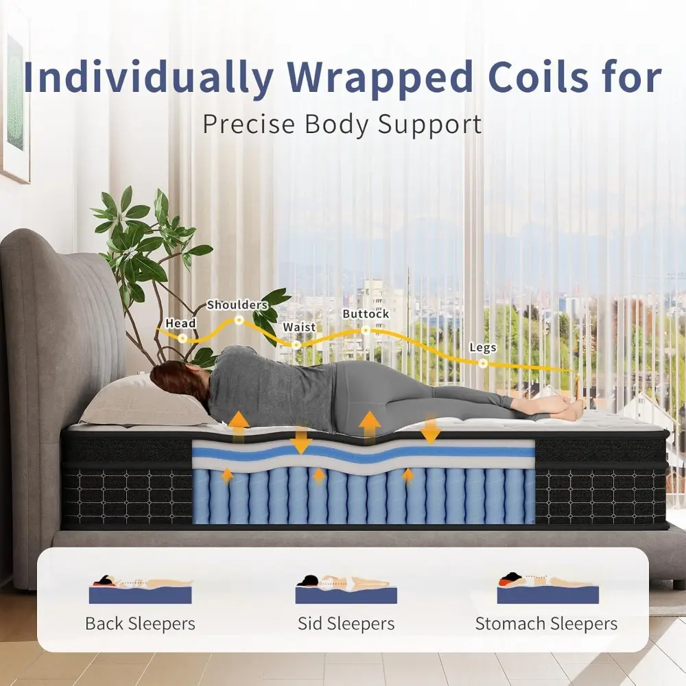 Queen Mattress, 12 Inch Queen Size Mattresses in a Box, Individually Wrapped Pocket Coils for Isolate Motion,Pressure Relief, Ce