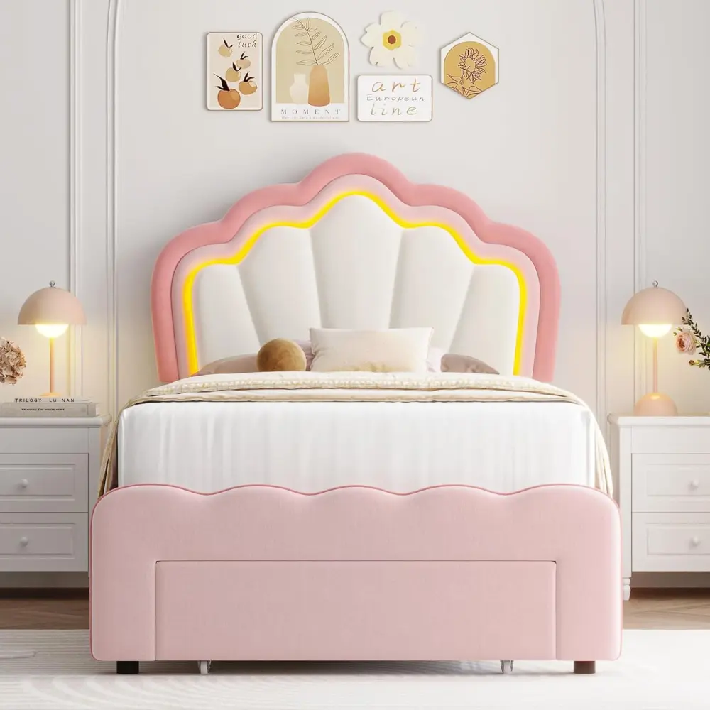HOSTACK Twin Upholstered LED Bed Frame with Storage Drawer, Cute Girls Bed with Adjustable Lotus Headboard, Velvet Princess Plat