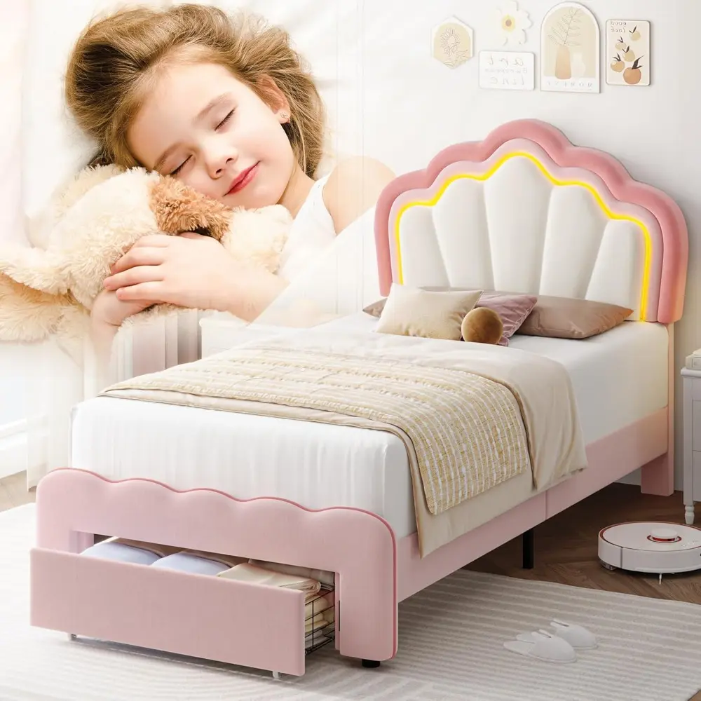 HOSTACK Twin Upholstered LED Bed Frame with Storage Drawer, Cute Girls Bed with Adjustable Lotus Headboard, Velvet Princess Plat