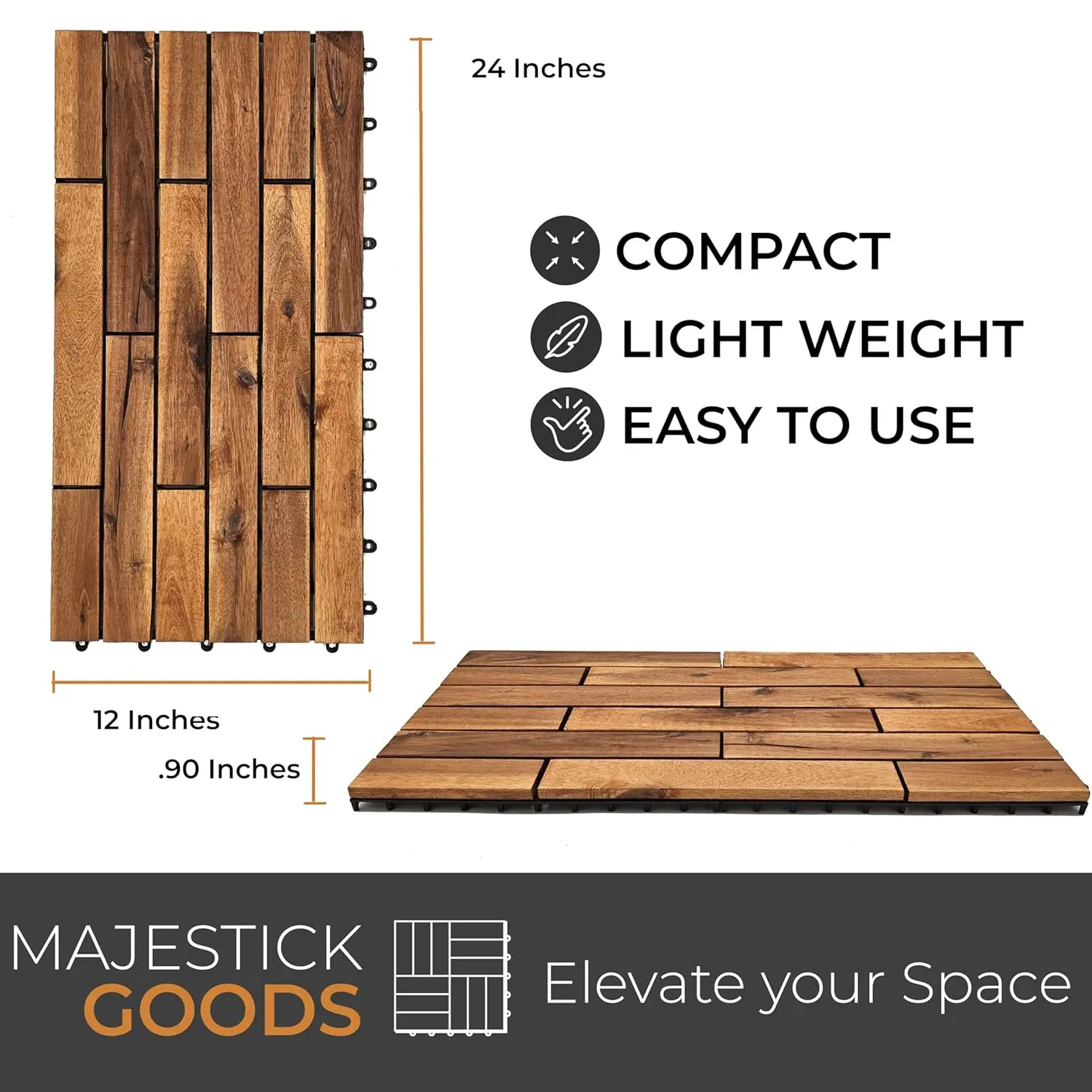 Interlocking Deck Tiles 24 x 12 Long Boards Snap Together Wood Flooring - Acacia Hardwood Outdoor Flooring for Patio - Floor