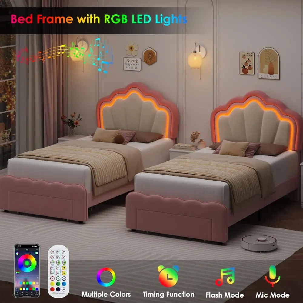 HOSTACK Twin Upholstered LED Bed Frame with Storage Drawer, Cute Girls Bed with Adjustable Lotus Headboard, Velvet Princess Plat