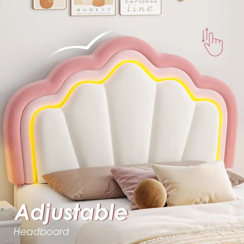 HOSTACK Twin Upholstered LED Bed Frame with Storage Drawer, Cute Girls Bed with Adjustable Lotus Headboard, Velvet Princess Plat
