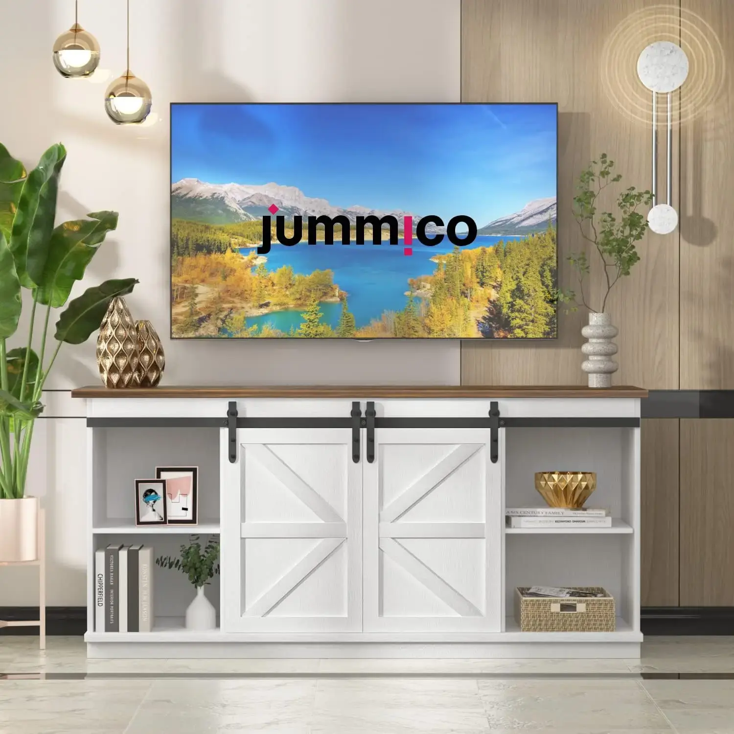 TV Stand for 65 Inch TV, Entertainment Center with Storage Cabinets and Sliding Barn Doors