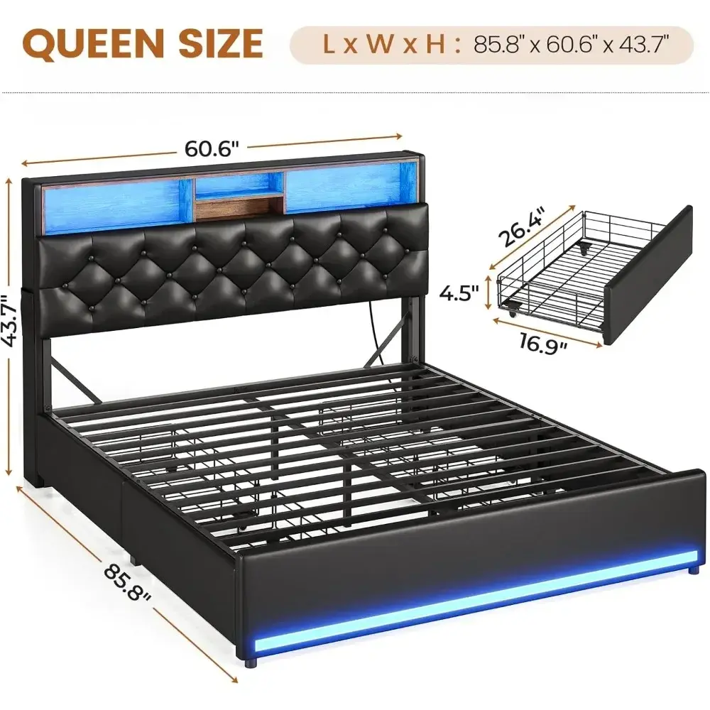 Queen Bed Frame with 4 Drawers & Hidden Storage Headboard, LED Bed Frame Queen Size with Charging Station, Upholstered Bed with